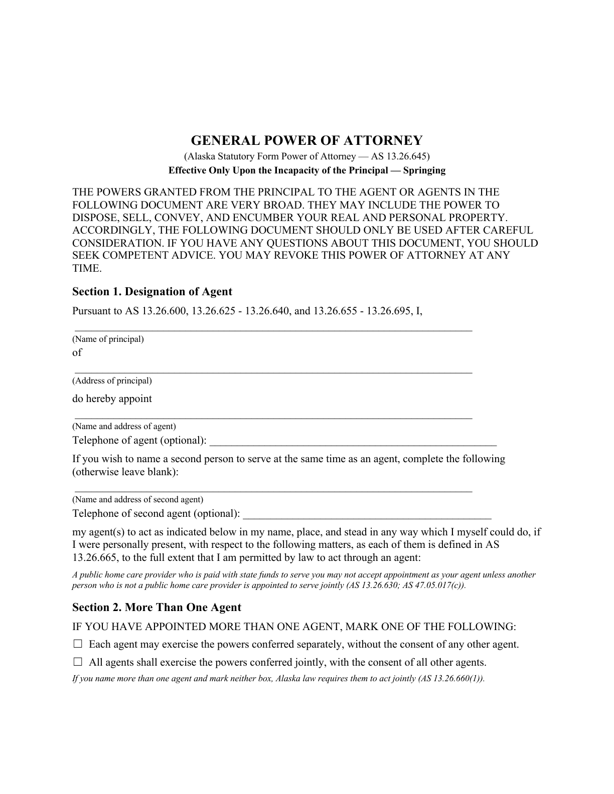 Page 1 of the blank Alaska General Durable Power of Attorney for Property & Finances (Upon Disability)