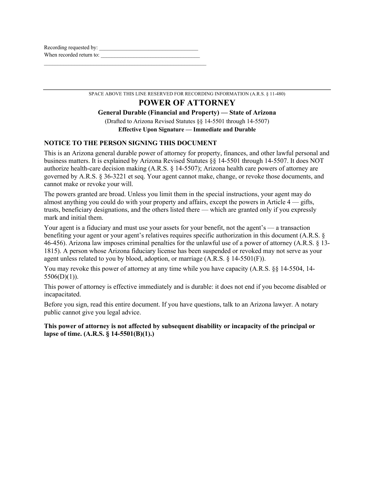 Page 1 of the blank Arizona General Durable Power of Attorney for Property & Finances (Immediate)
