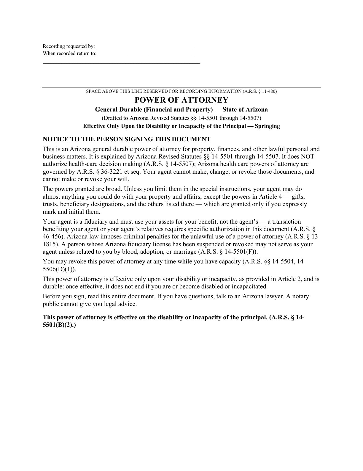 Page 1 of the blank Arizona General Durable Power of Attorney for Property & Finances (Upon Disability)