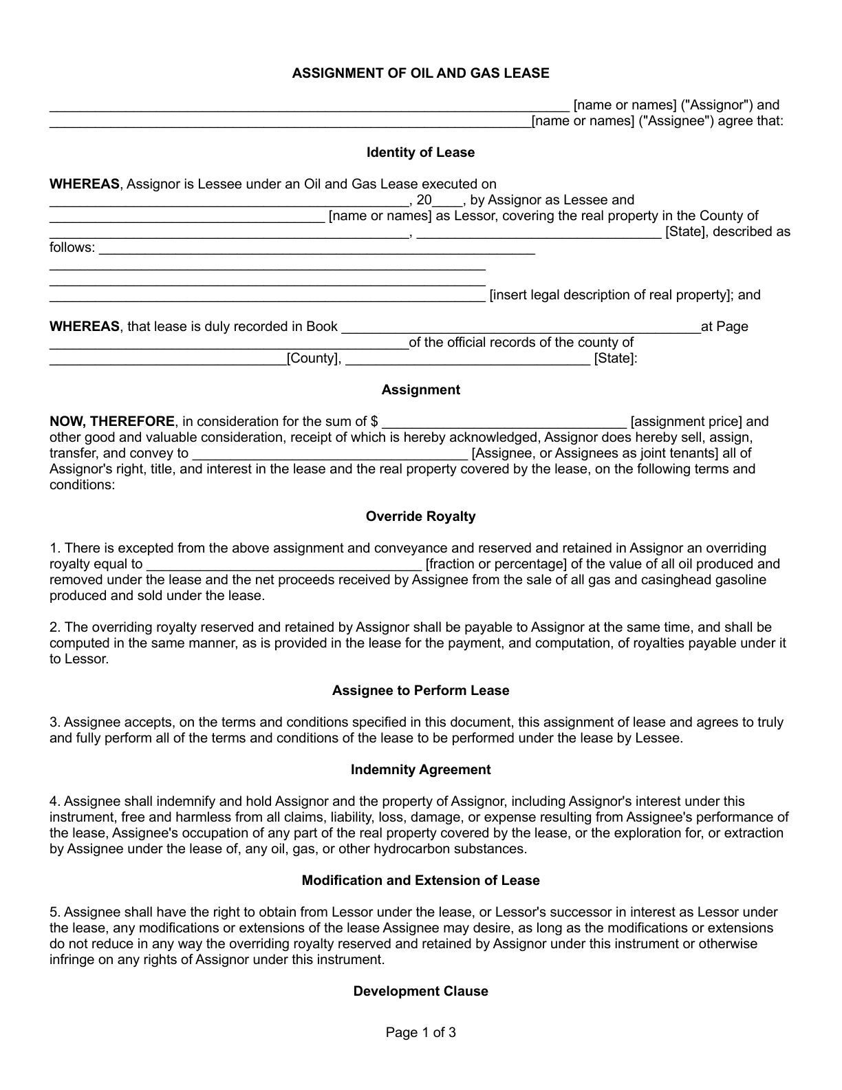 Page 1 of the Assignment of Oil and Gas Lease instrument