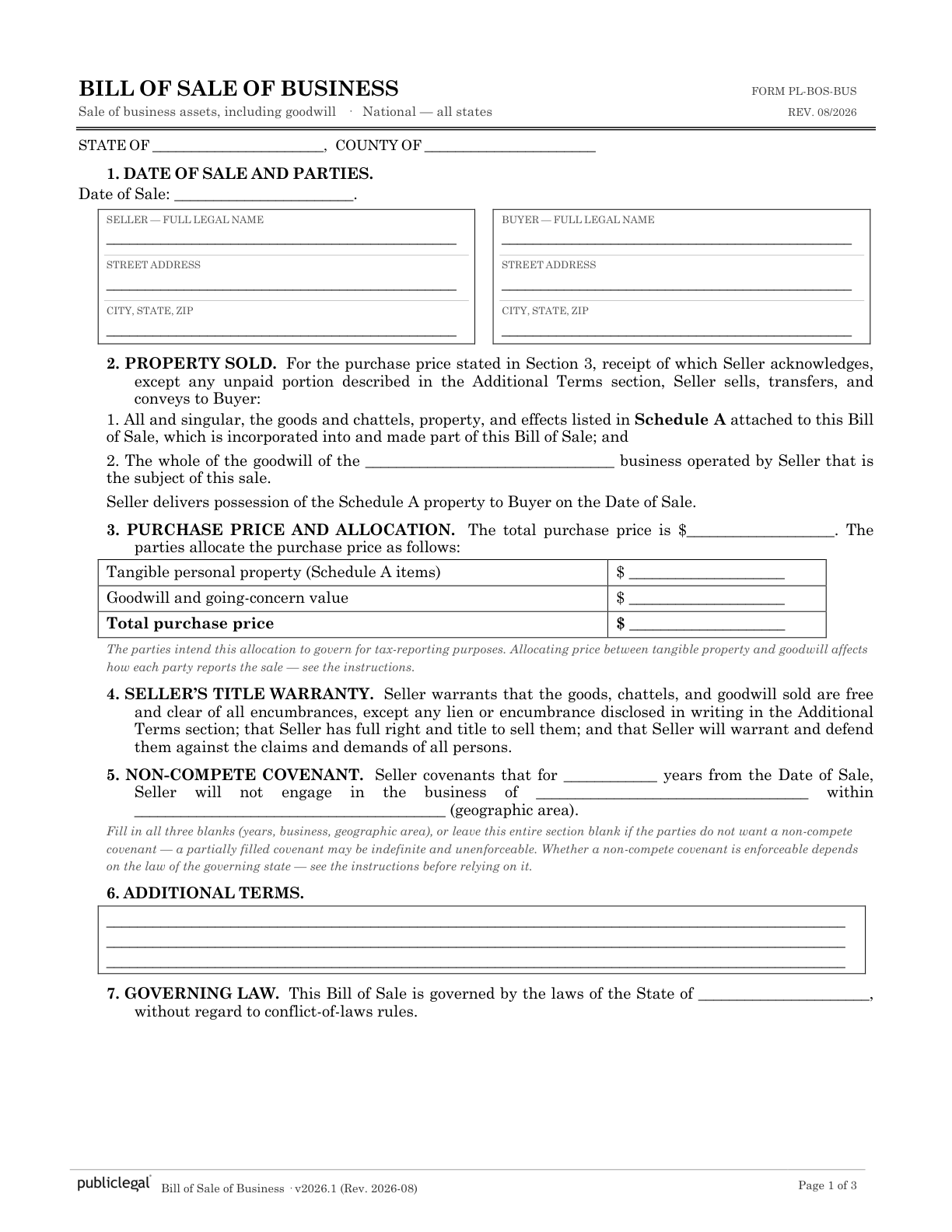 Page 1 of the Bill of Sale of Business form