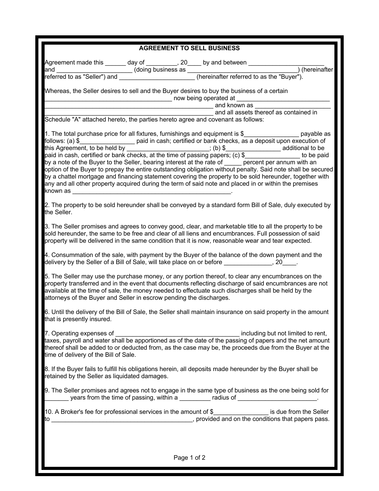 Page 1 of the Agreement to Sell Business form