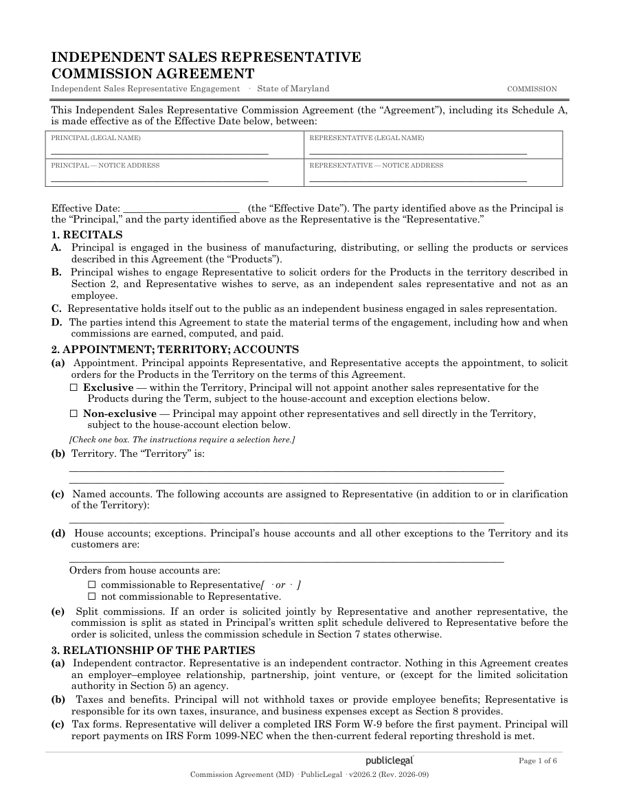 Page 1 of the Maryland Commission Agreement form
