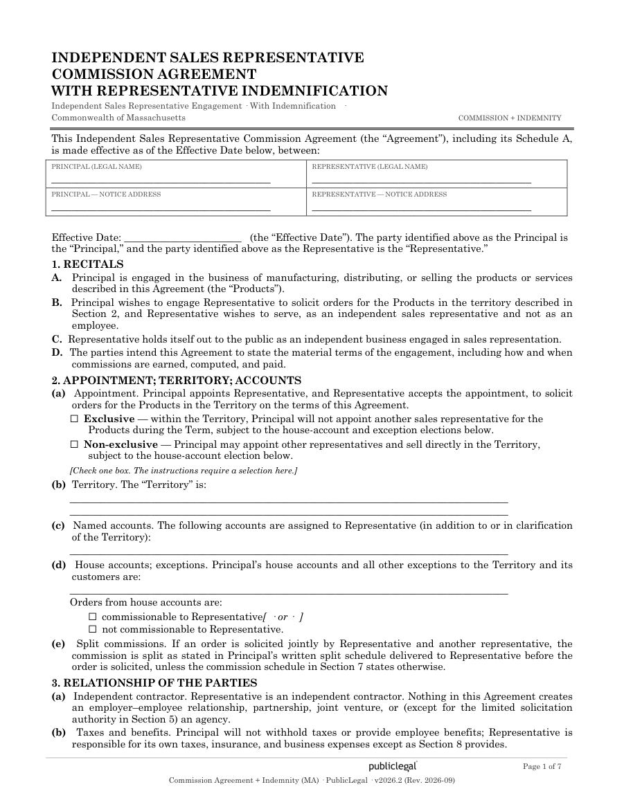 Page 1 of the Massachusetts Commission Agreement with Indemnity Provision form