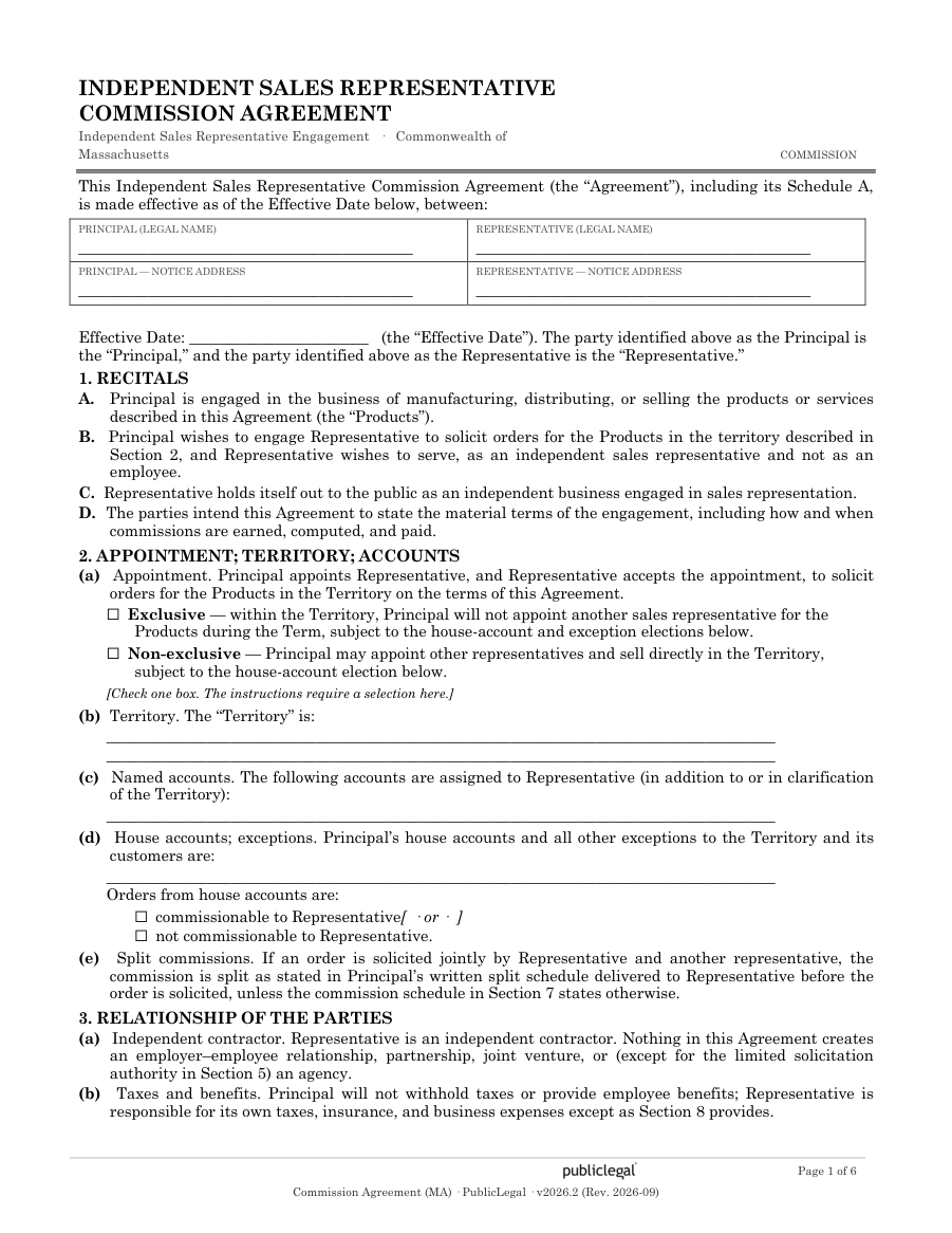 Page 1 of the Massachusetts Commission Agreement form