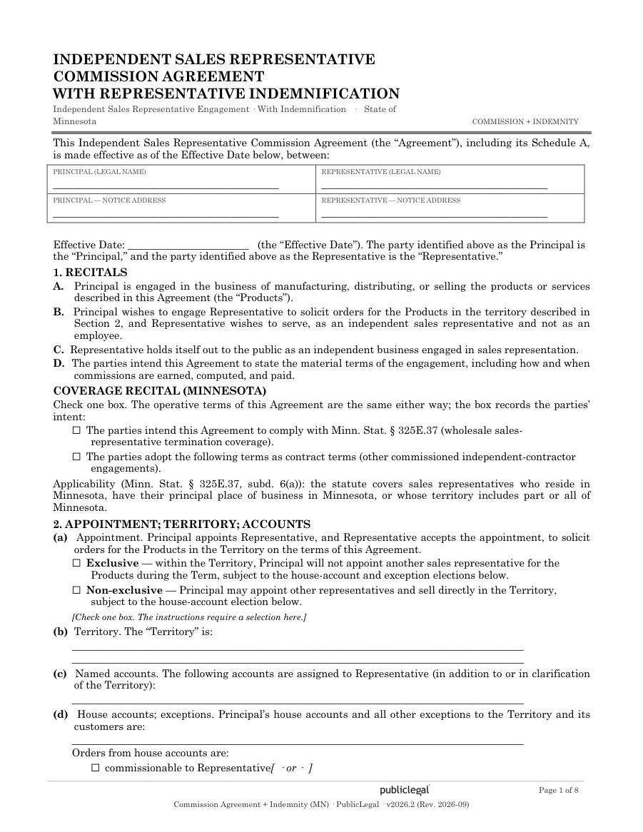 Page 1 of the Minnesota Commission Agreement with Indemnity Provision form