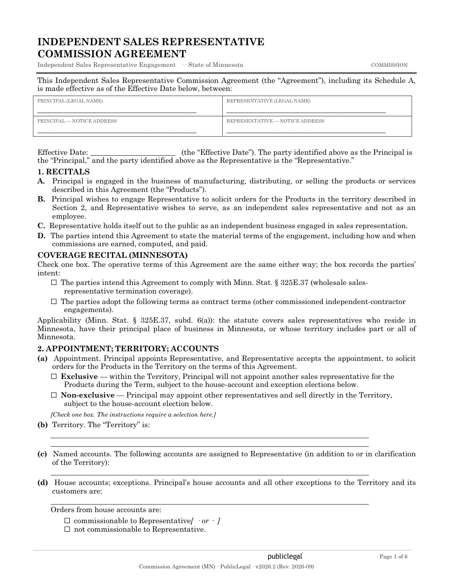Page 1 of the Minnesota Commission Agreement form