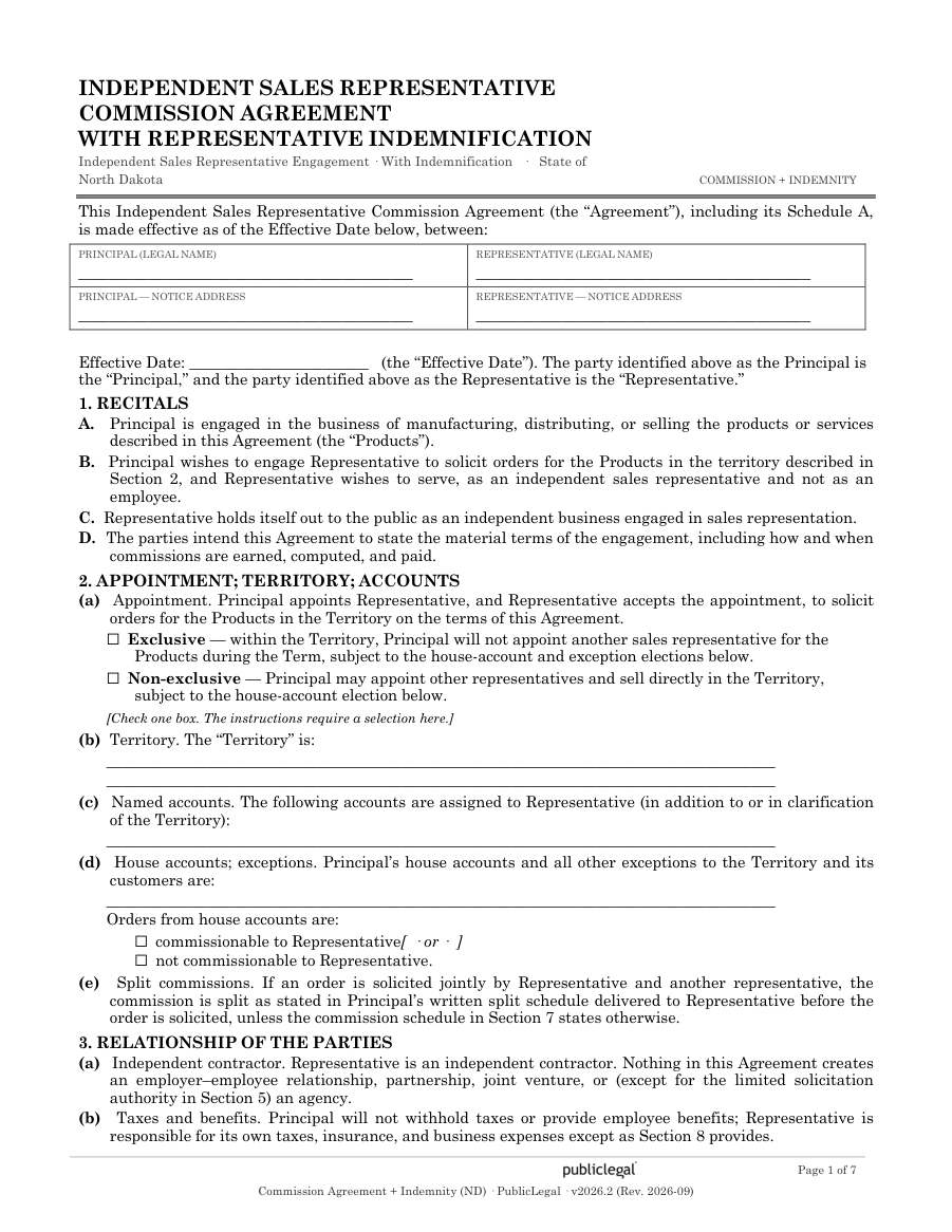 Page 1 of the North Dakota Commission Agreement with Indemnity Provision form
