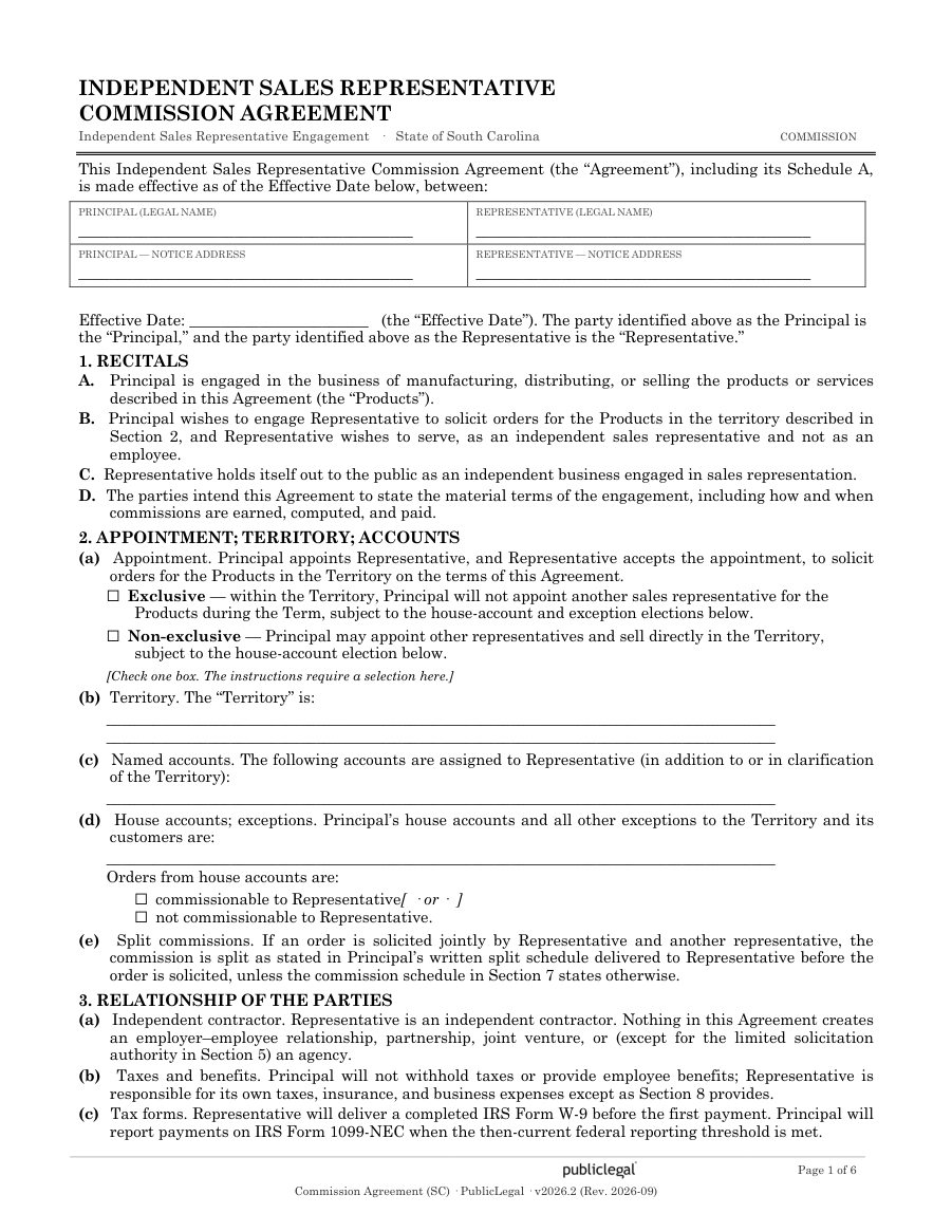 Page 1 of the South Carolina Commission Agreement form