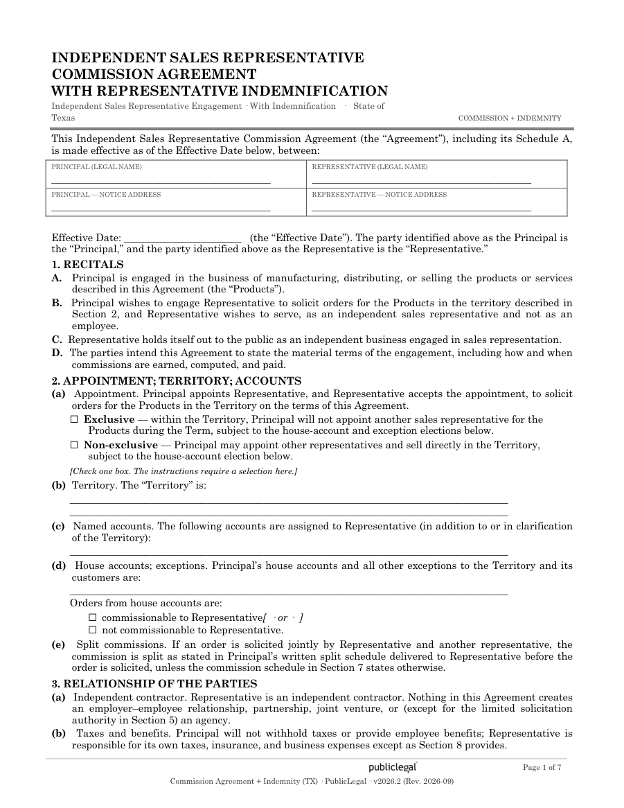 Page 1 of the Texas Commission Agreement with Indemnity Provision form