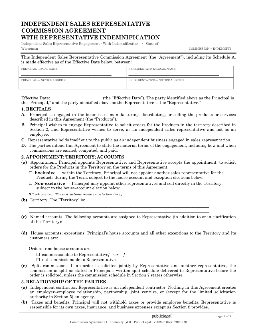 Page 1 of the Wisconsin Commission Agreement with Indemnity Provision form