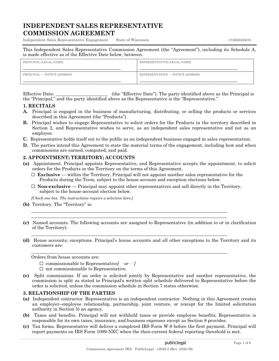 Page 1 of the Wisconsin Commission Agreement form
