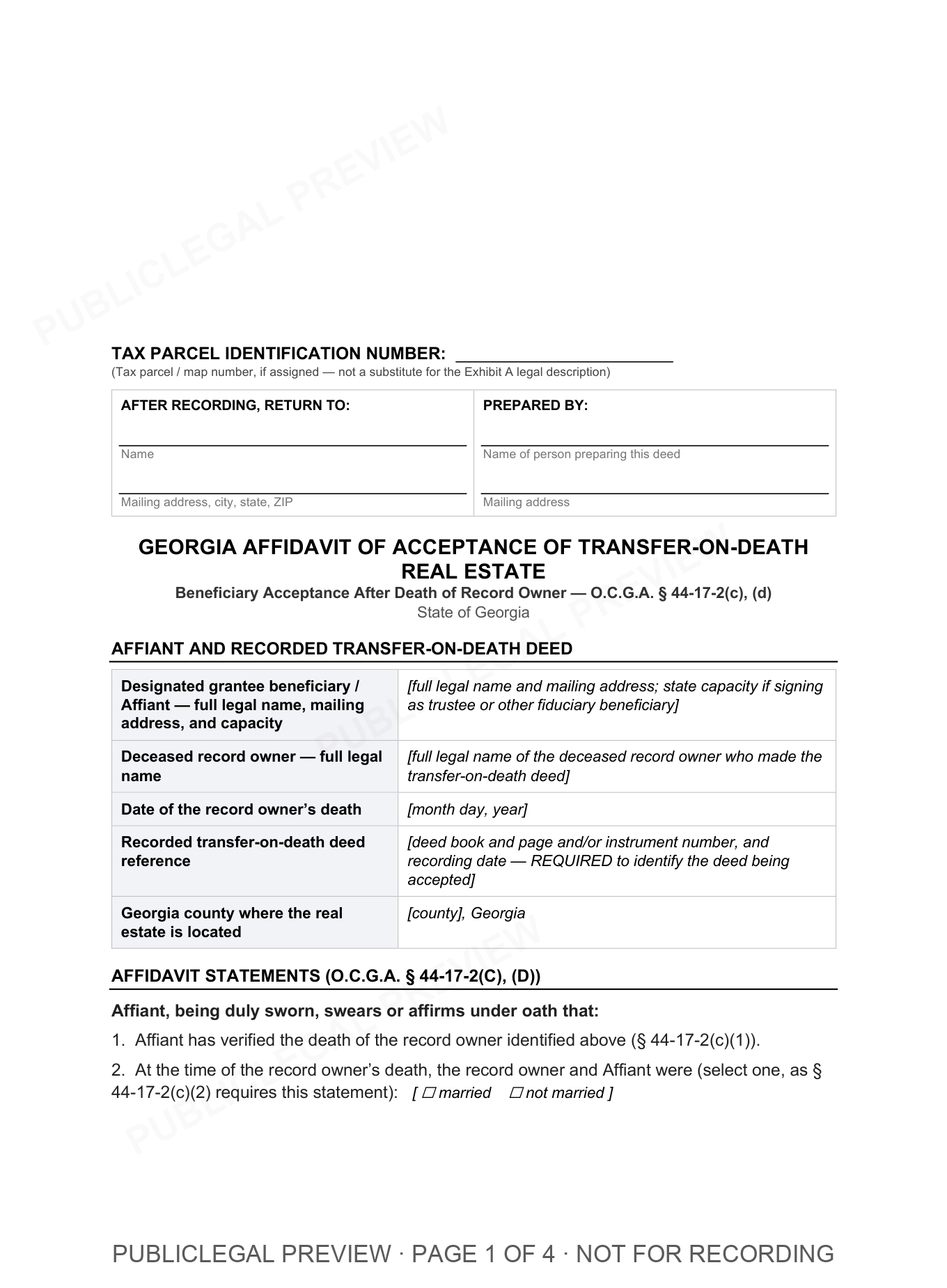 Page 1 of the blank Georgia Affidavit Of Acceptance Of Transfer On Death included in the download