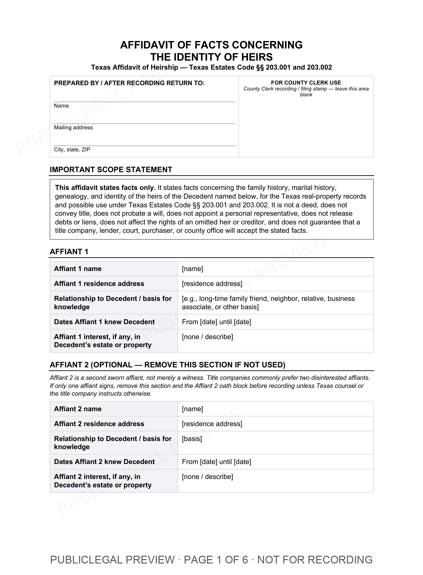 Page 1 of the blank Texas Affidavit Of Heirship included in the download
