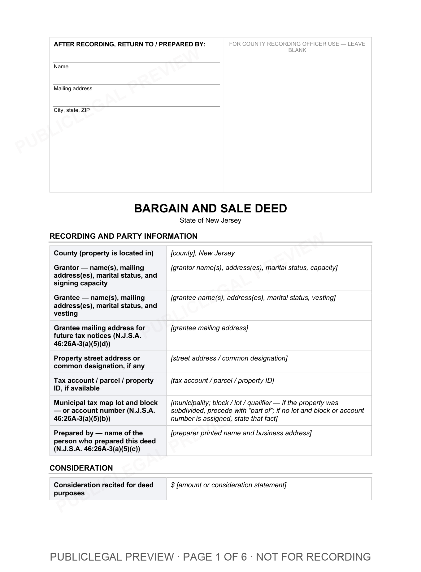 Page 1 of the blank New Jersey Bargain and Sale Deed included in the download