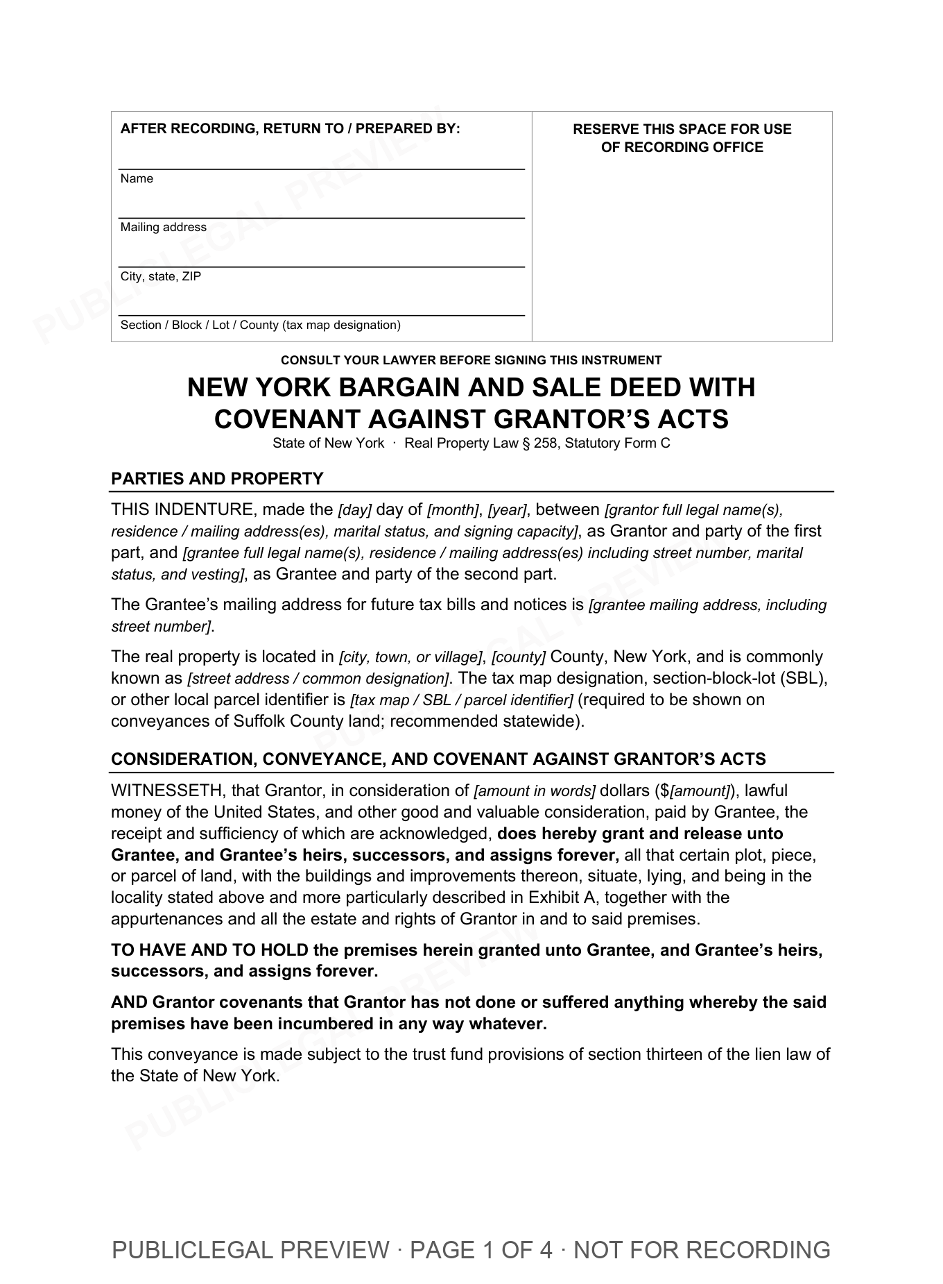 Page 1 of the blank New York Bargain And Sale included in the download