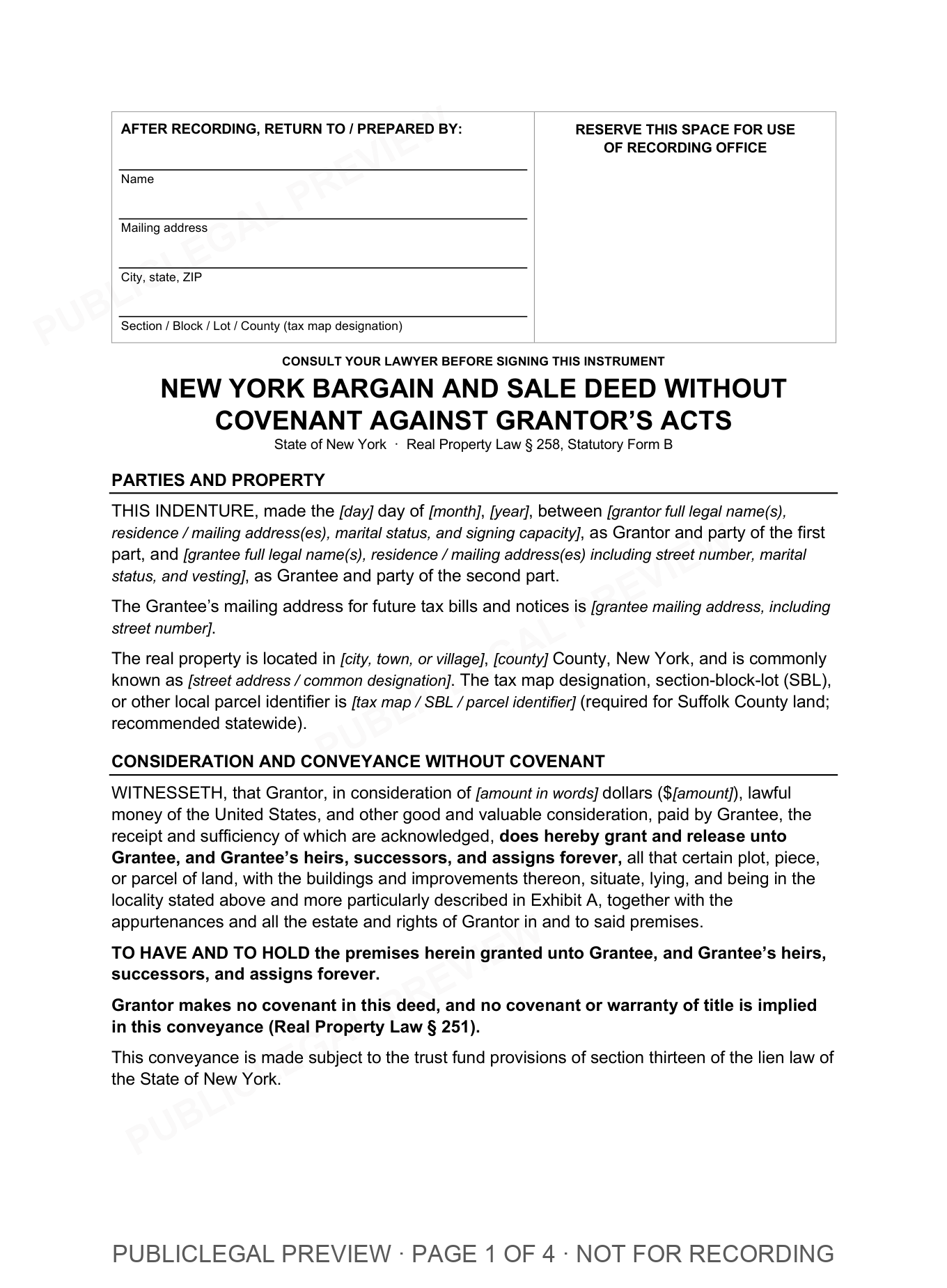 Page 1 of the blank New York Bargain And Sale Without Covenant included in the download