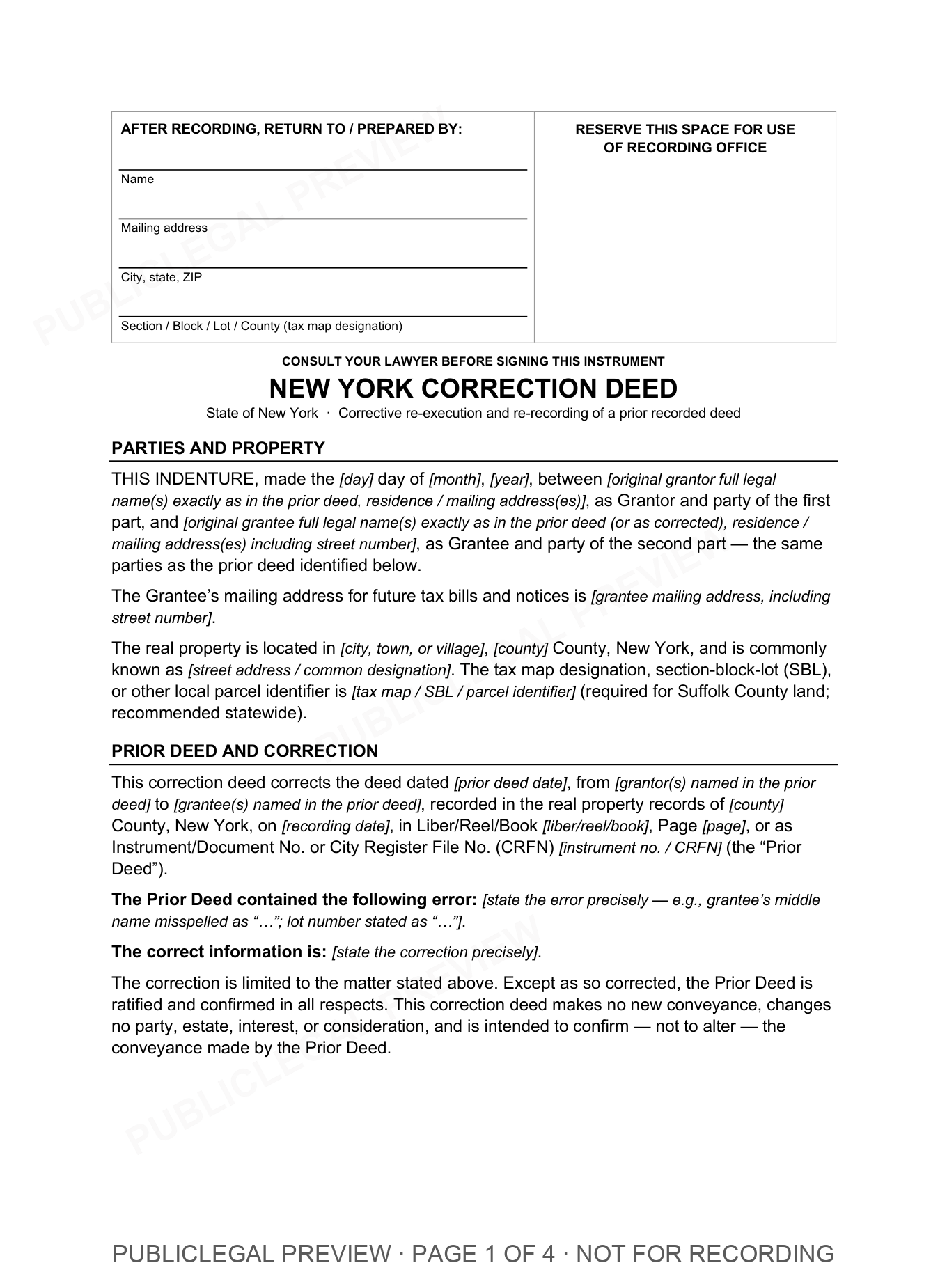 Page 1 of the blank New York Correction included in the download