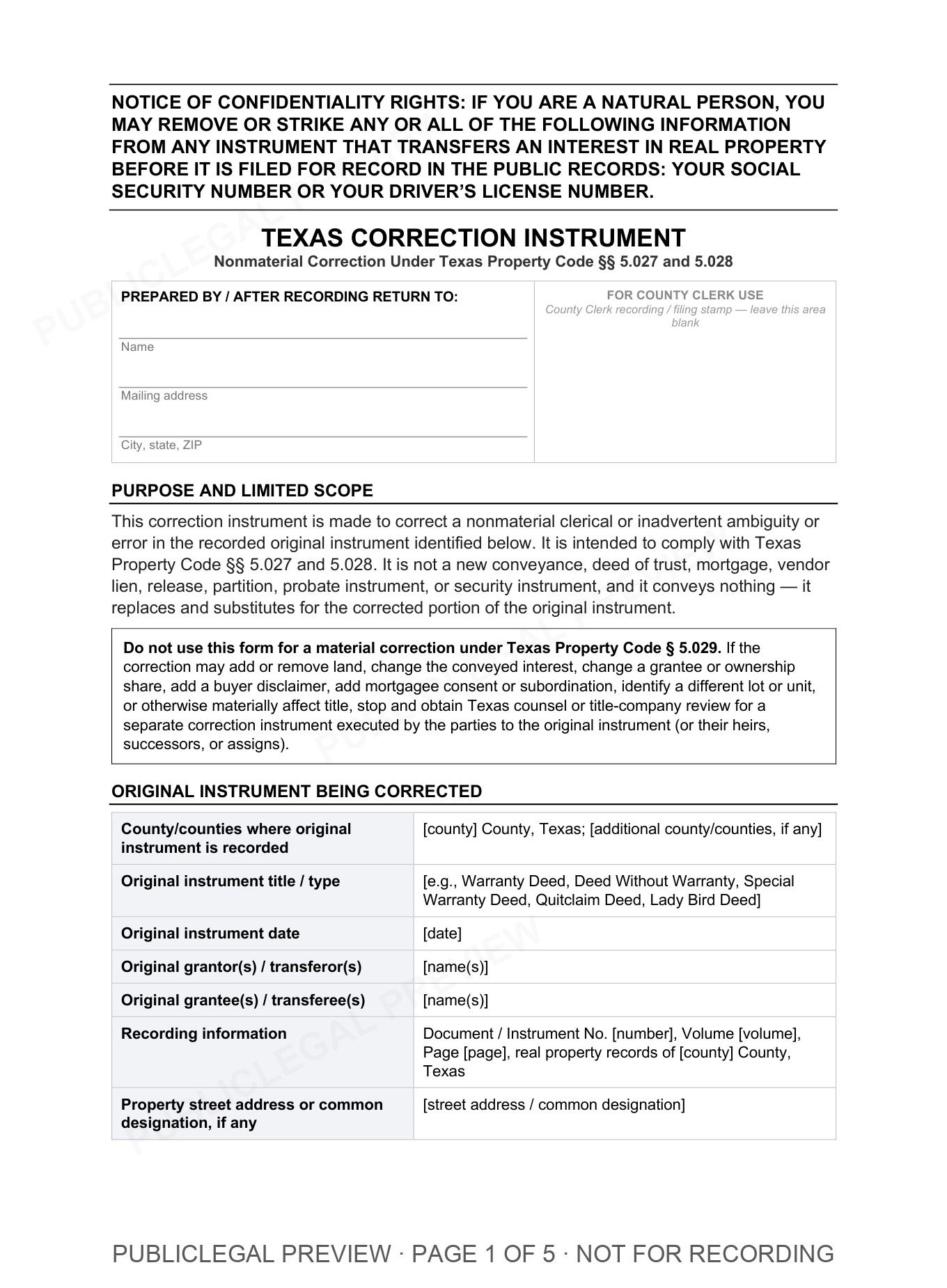 Page 1 of the blank Texas Correction included in the download
