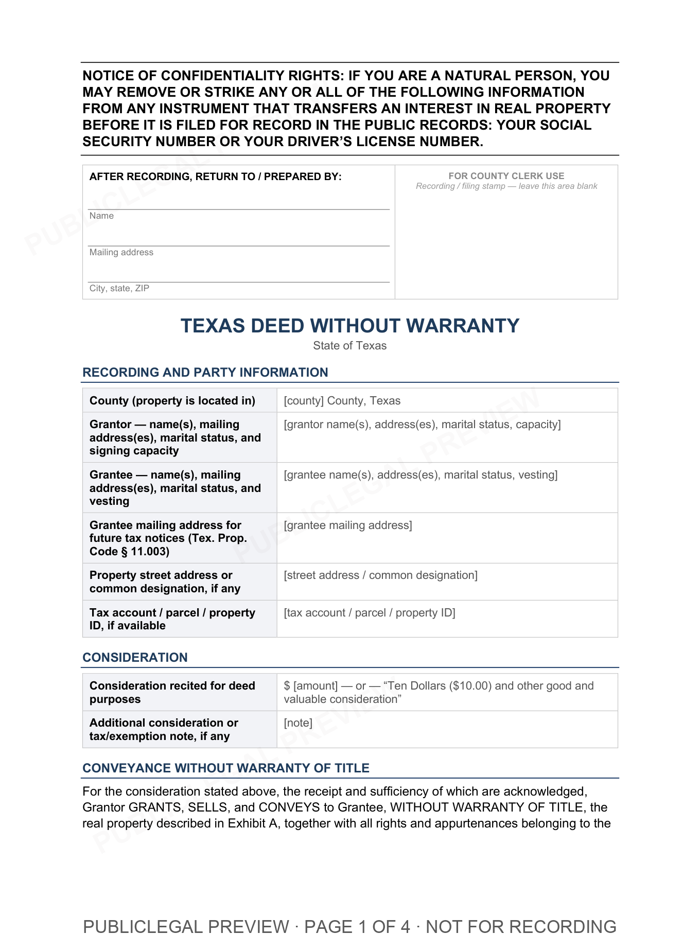 Page 1 of the blank Texas Deed Without Warranty included in the download