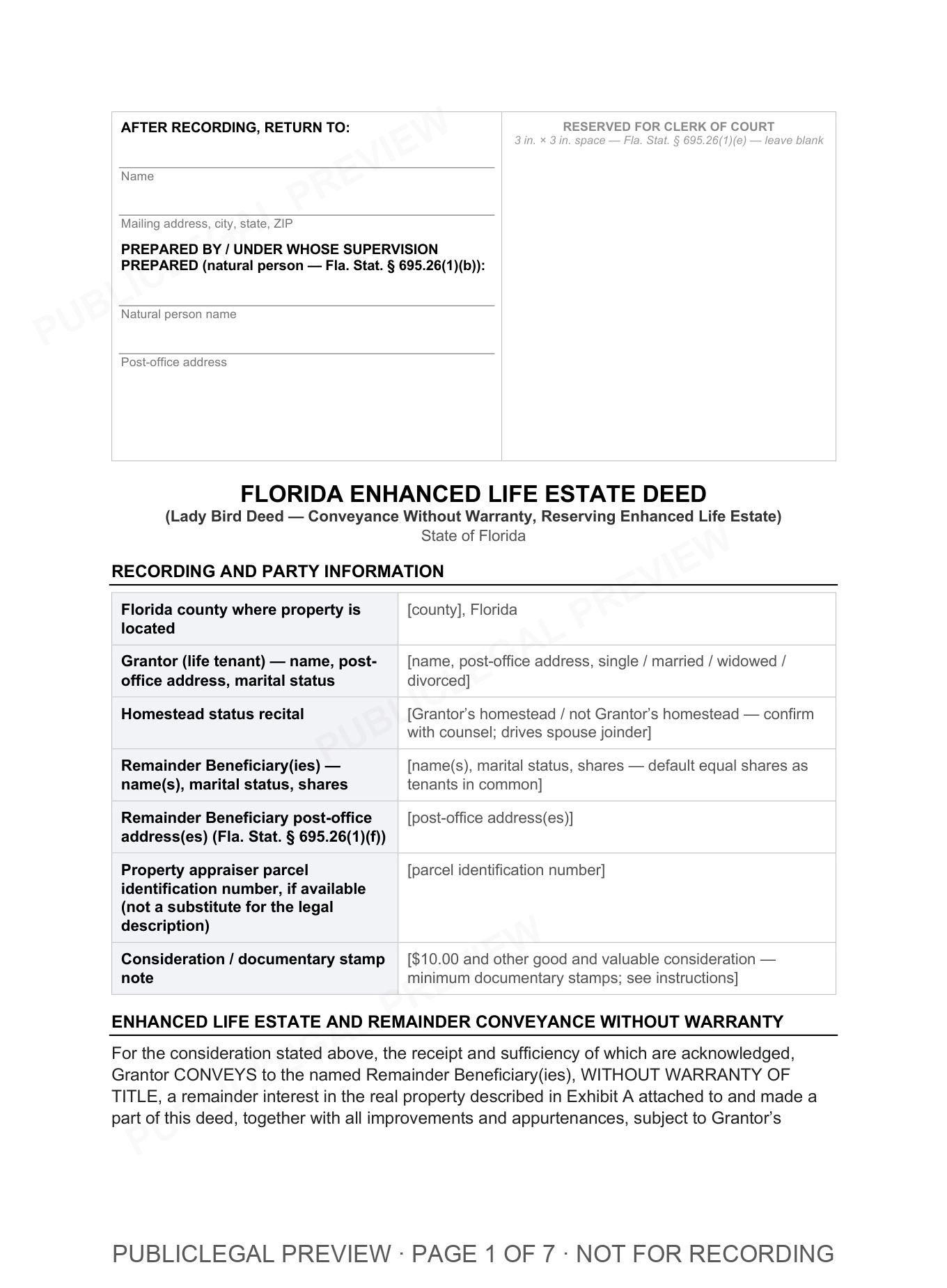 Page 1 of the blank Florida Enhanced Life Estate included in the download