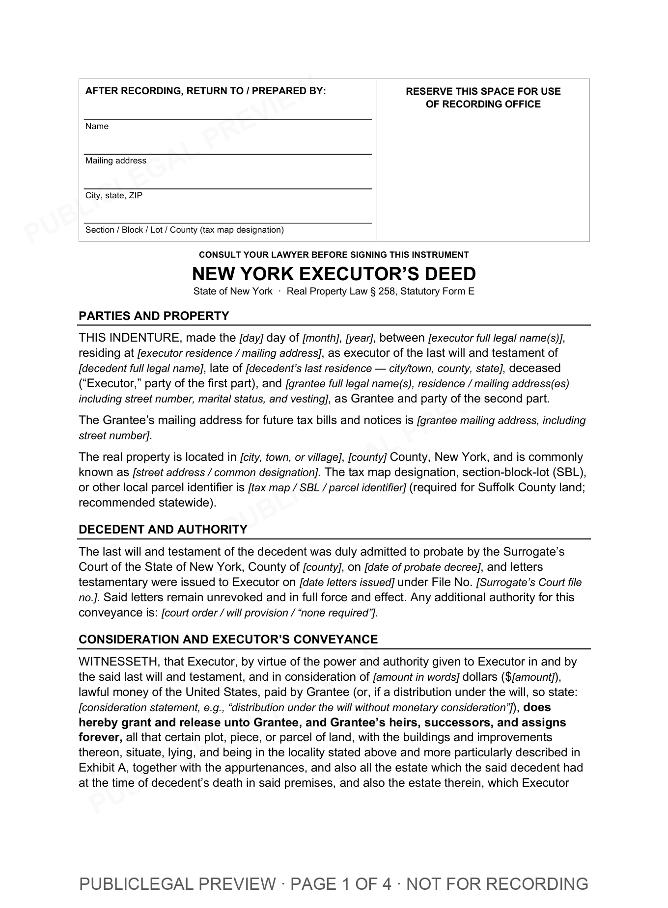 Page 1 of the blank New York Executors included in the download