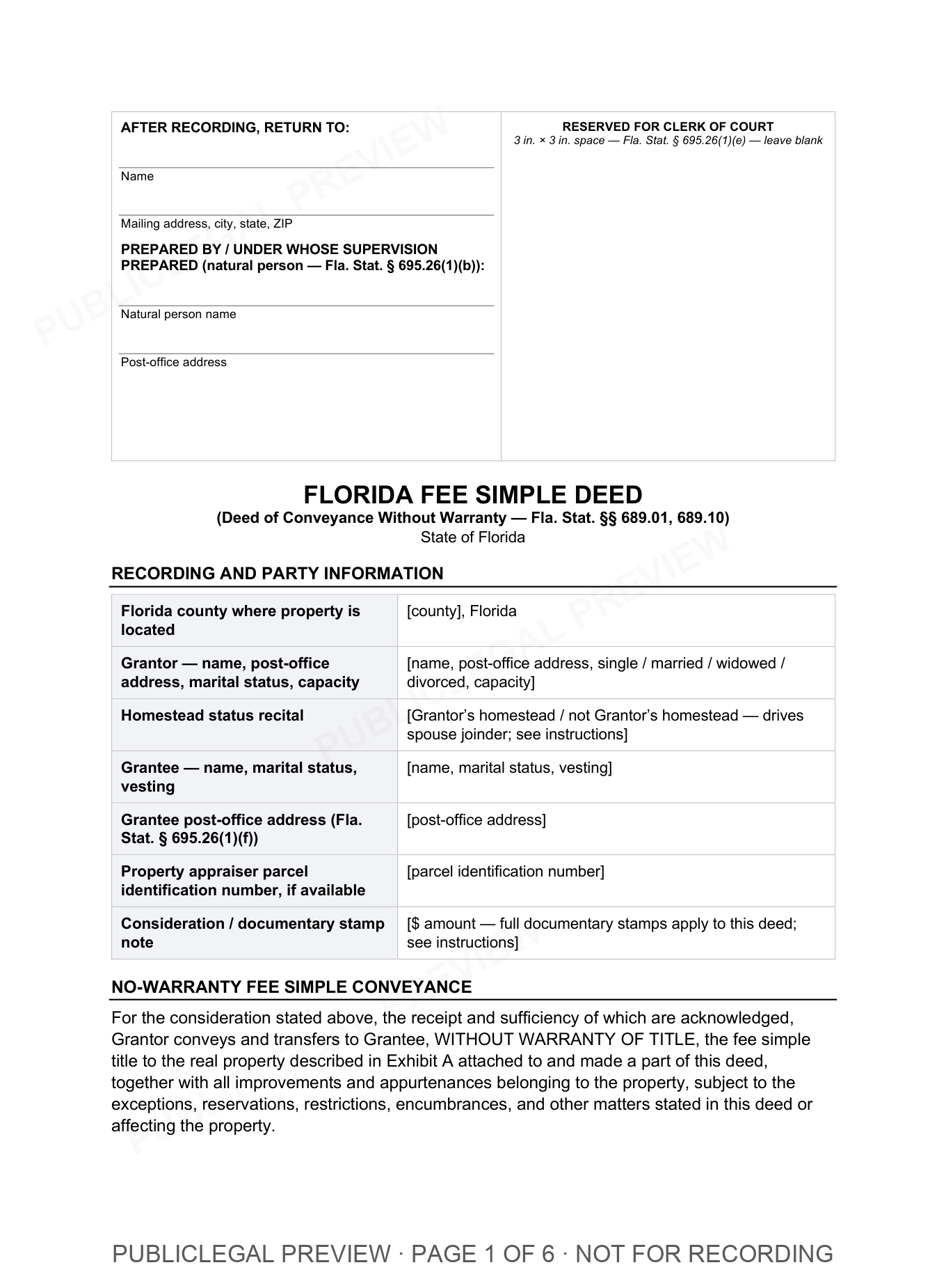 Page 1 of the blank Florida Fee Simple included in the download