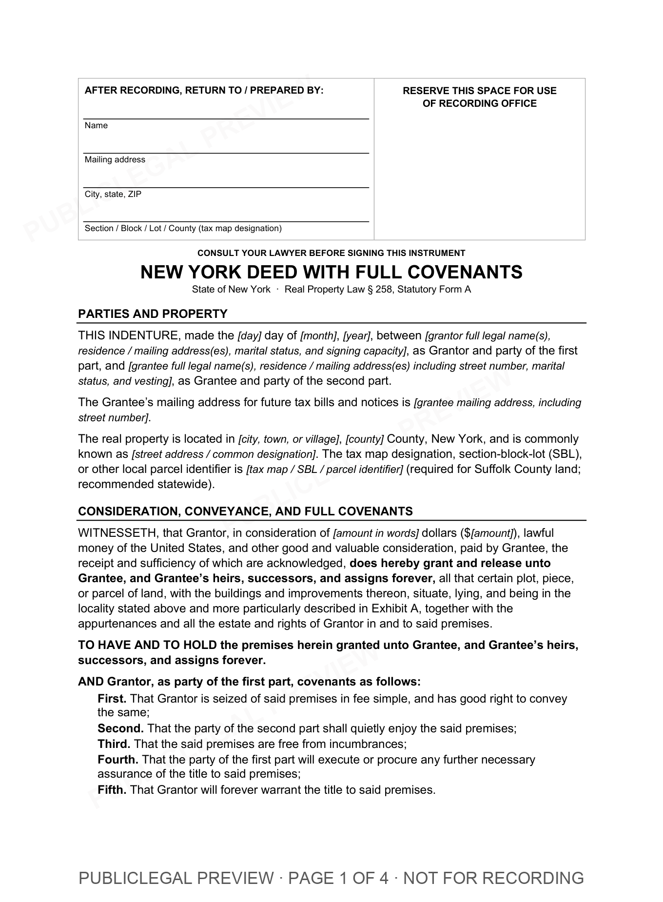 Page 1 of the blank New York Full Covenants included in the download