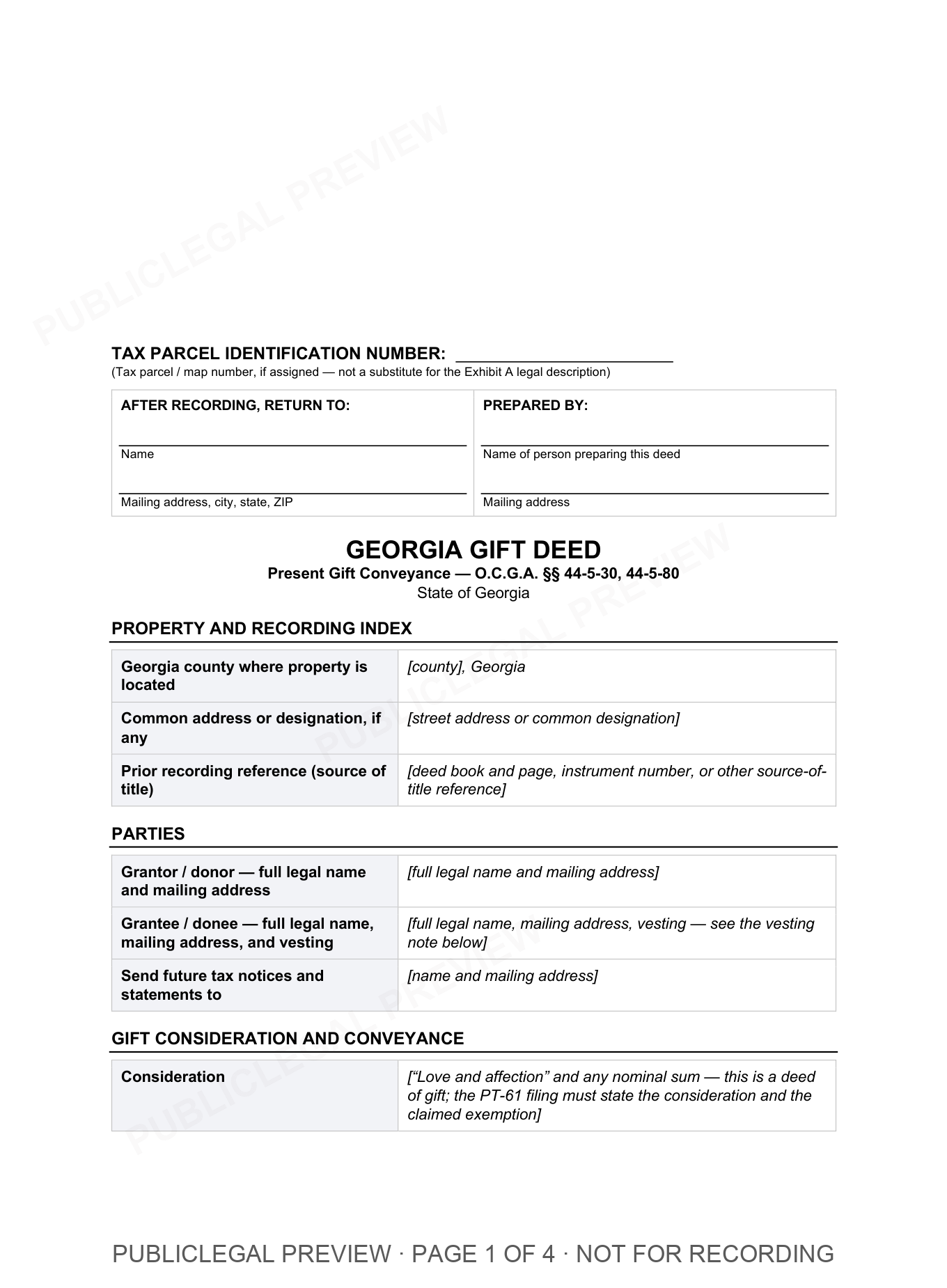 Page 1 of the blank Georgia Gift included in the download