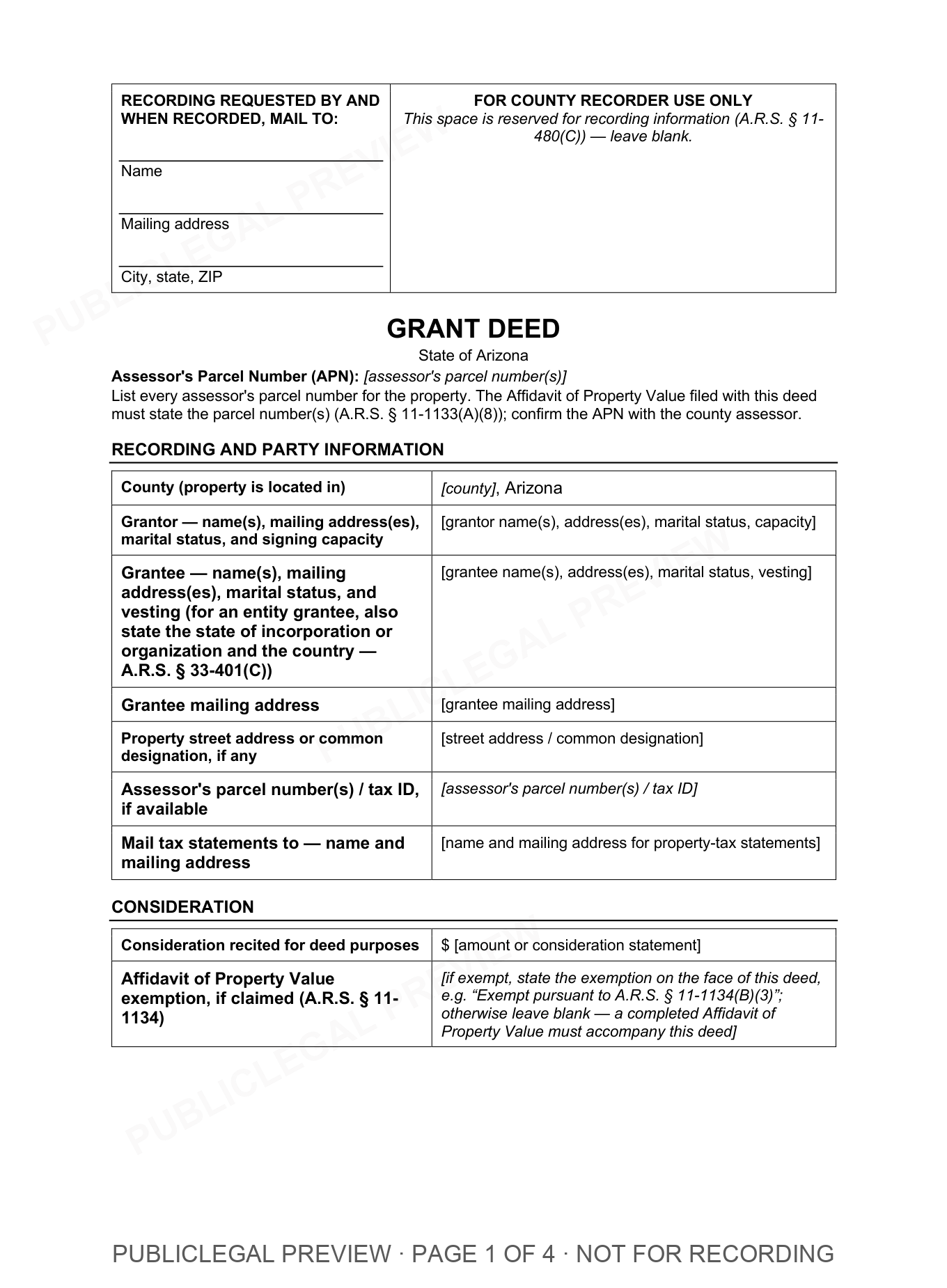 Page 1 of the blank Arizona Grant Deed included in the download