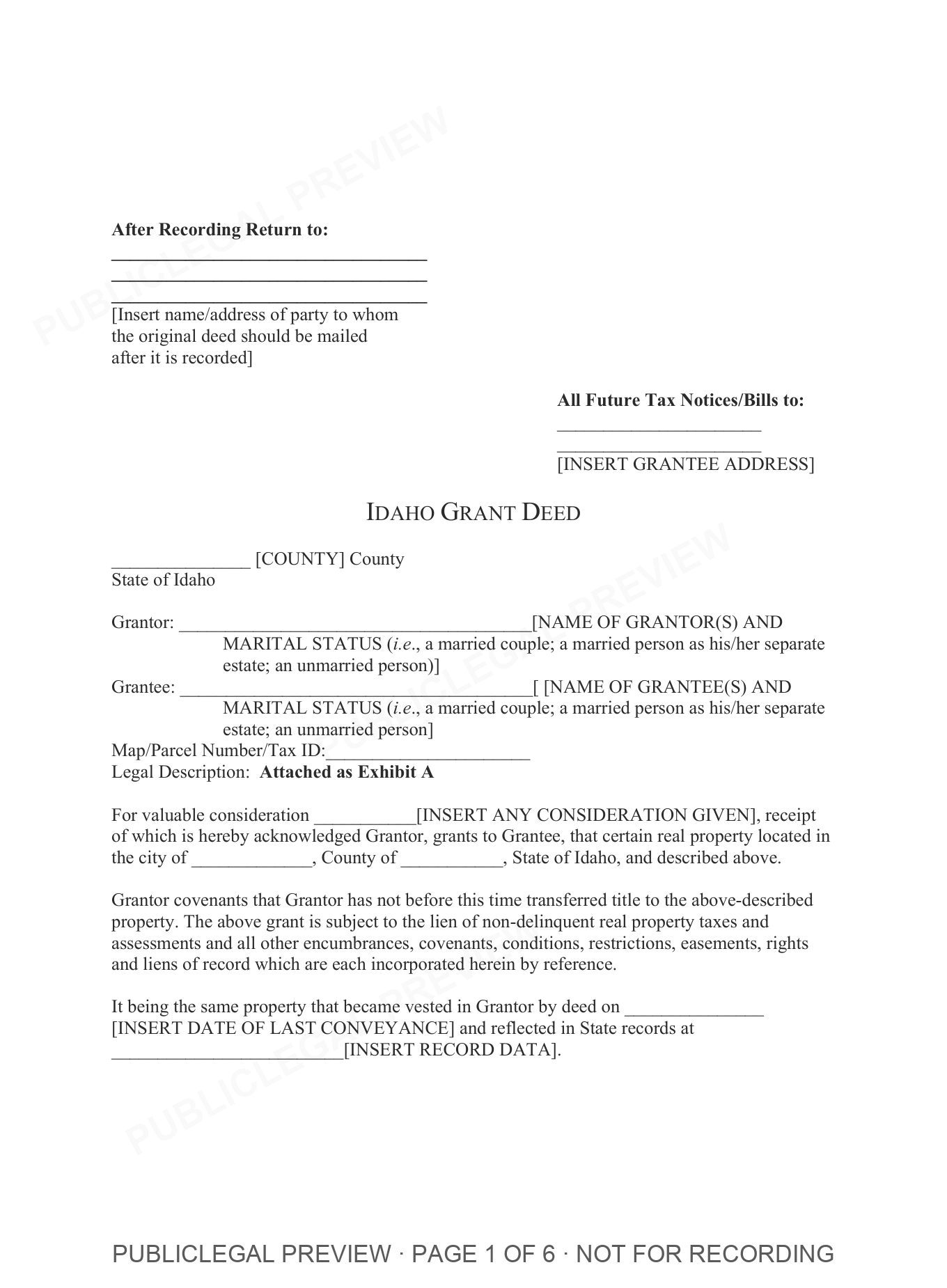 Page 1 of the blank Idaho Grant Deed included in the download