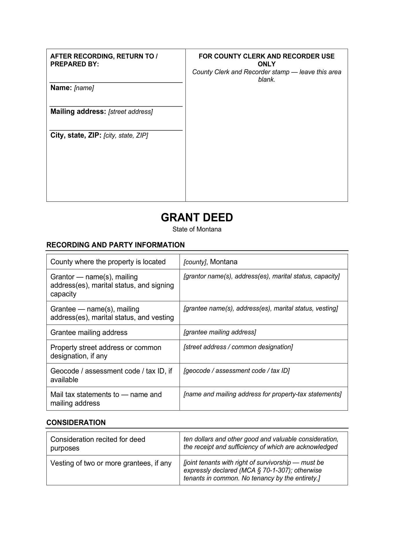 Page 1 of the blank Montana Grant Deed included in the download