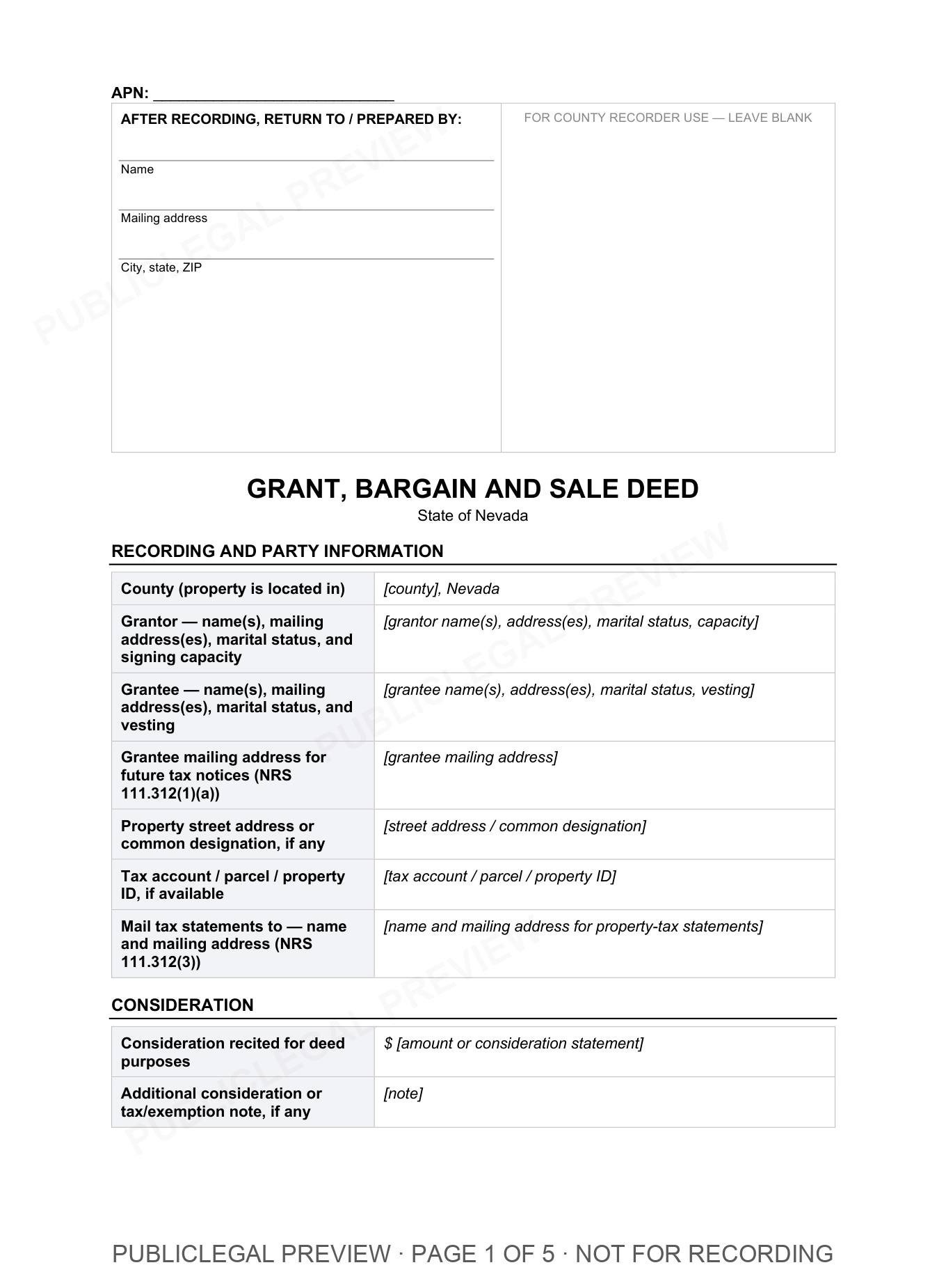 Page 1 of the blank Nevada Grant, Bargain and Sale Deed included in the download