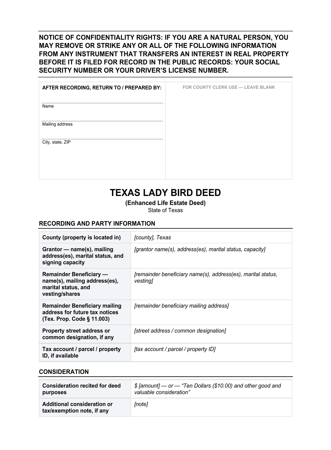 Page 1 of the blank Texas Lady Bird included in the download