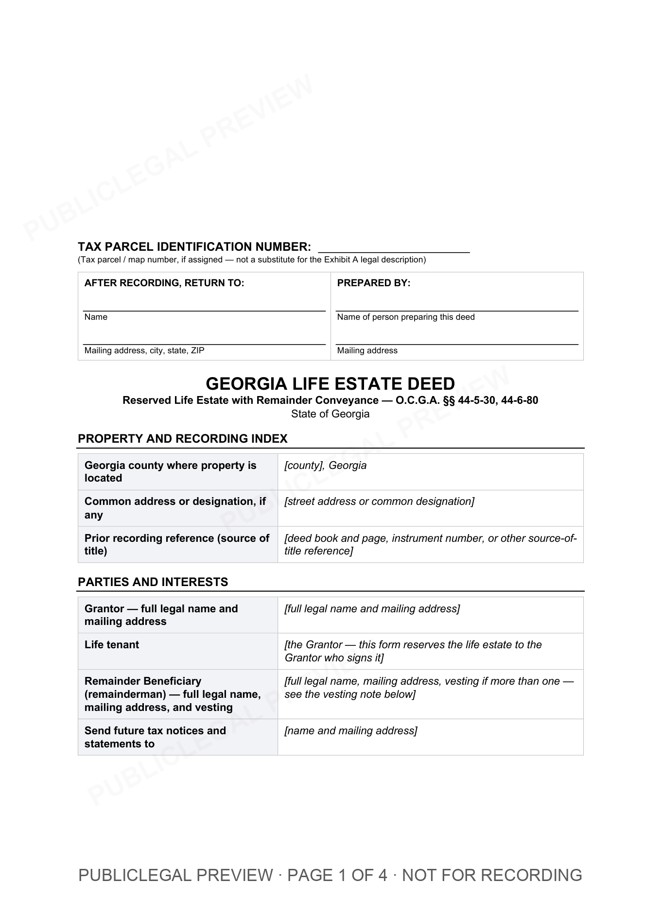 Page 1 of the blank Georgia Life Estate included in the download