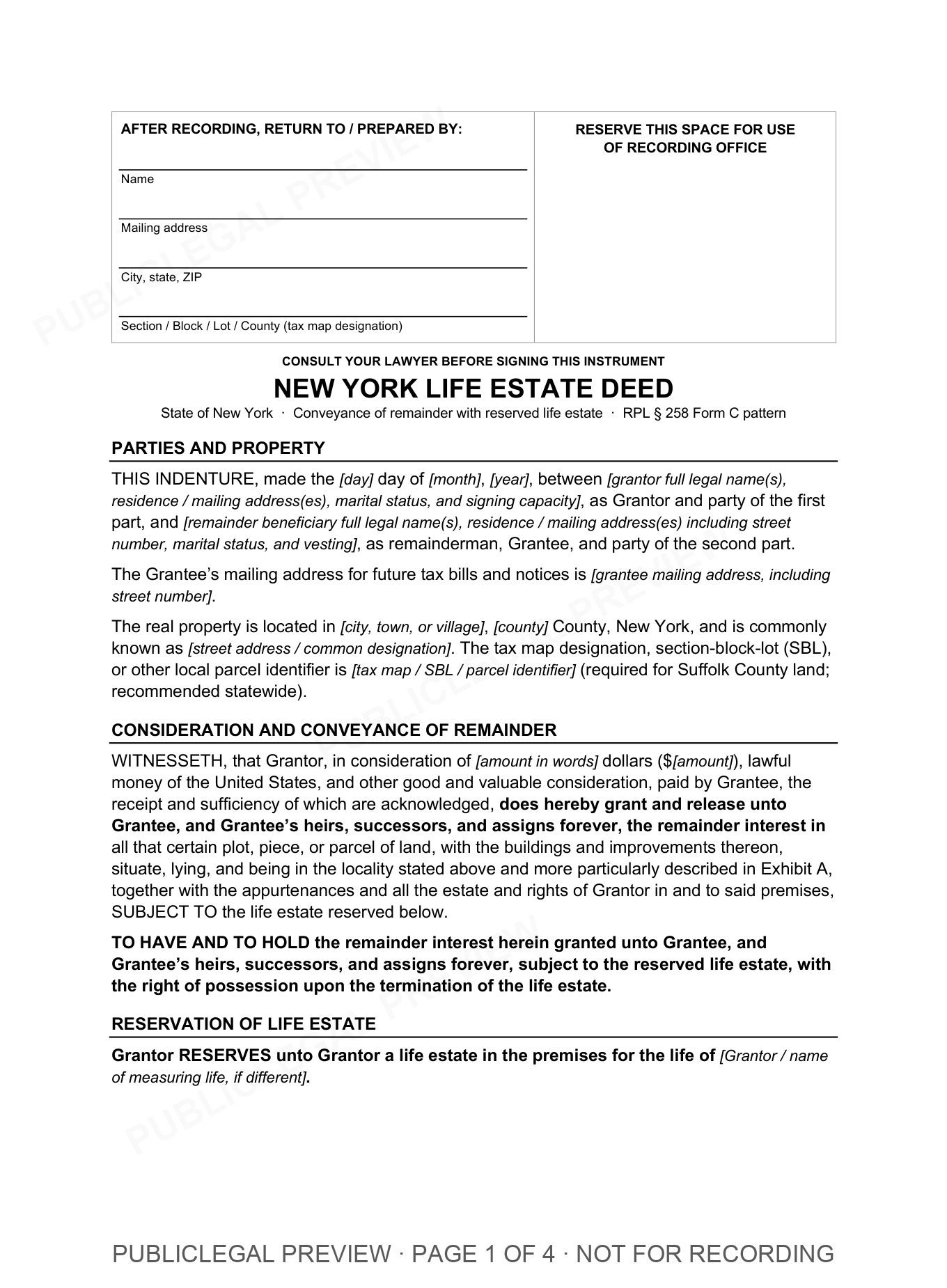 Page 1 of the blank New York Life Estate included in the download