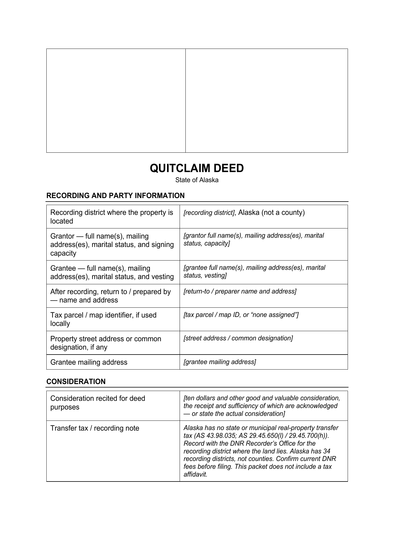 Page 1 of the blank Alaska Quitclaim Deed included in the download