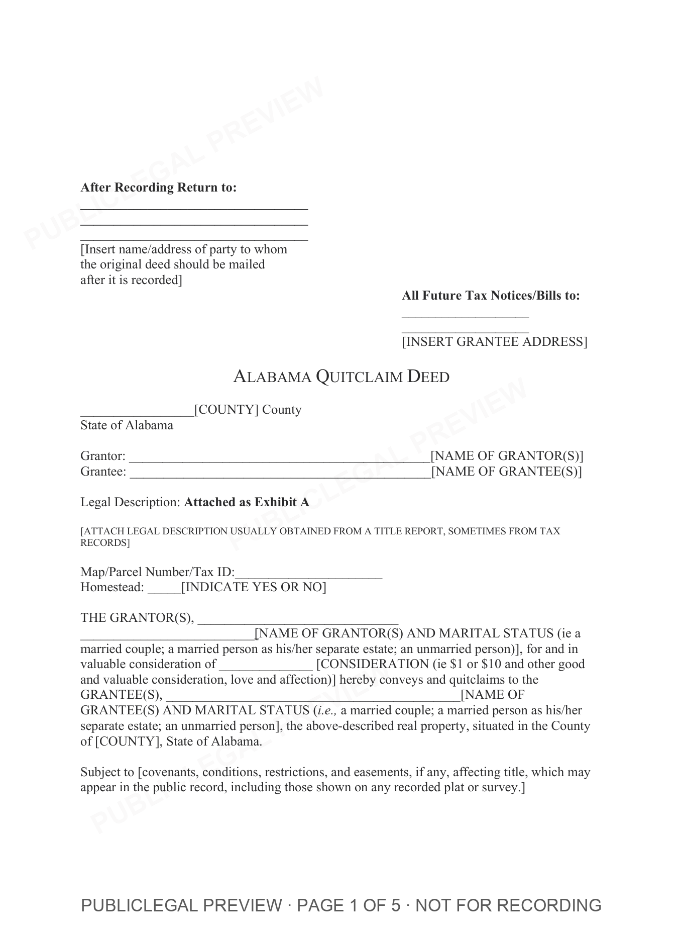 Page 1 of the blank Alabama Quitclaim Deed included in the download