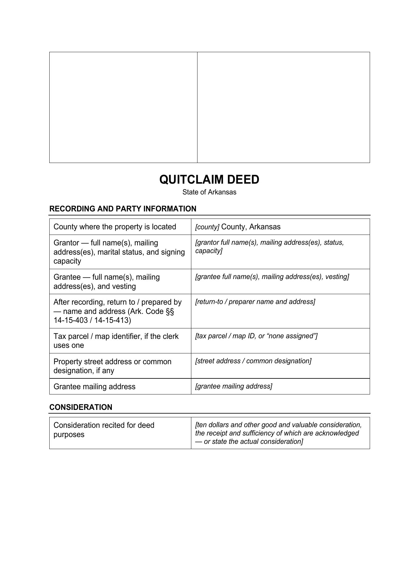 Page 1 of the blank Arkansas Quitclaim Deed included in the download