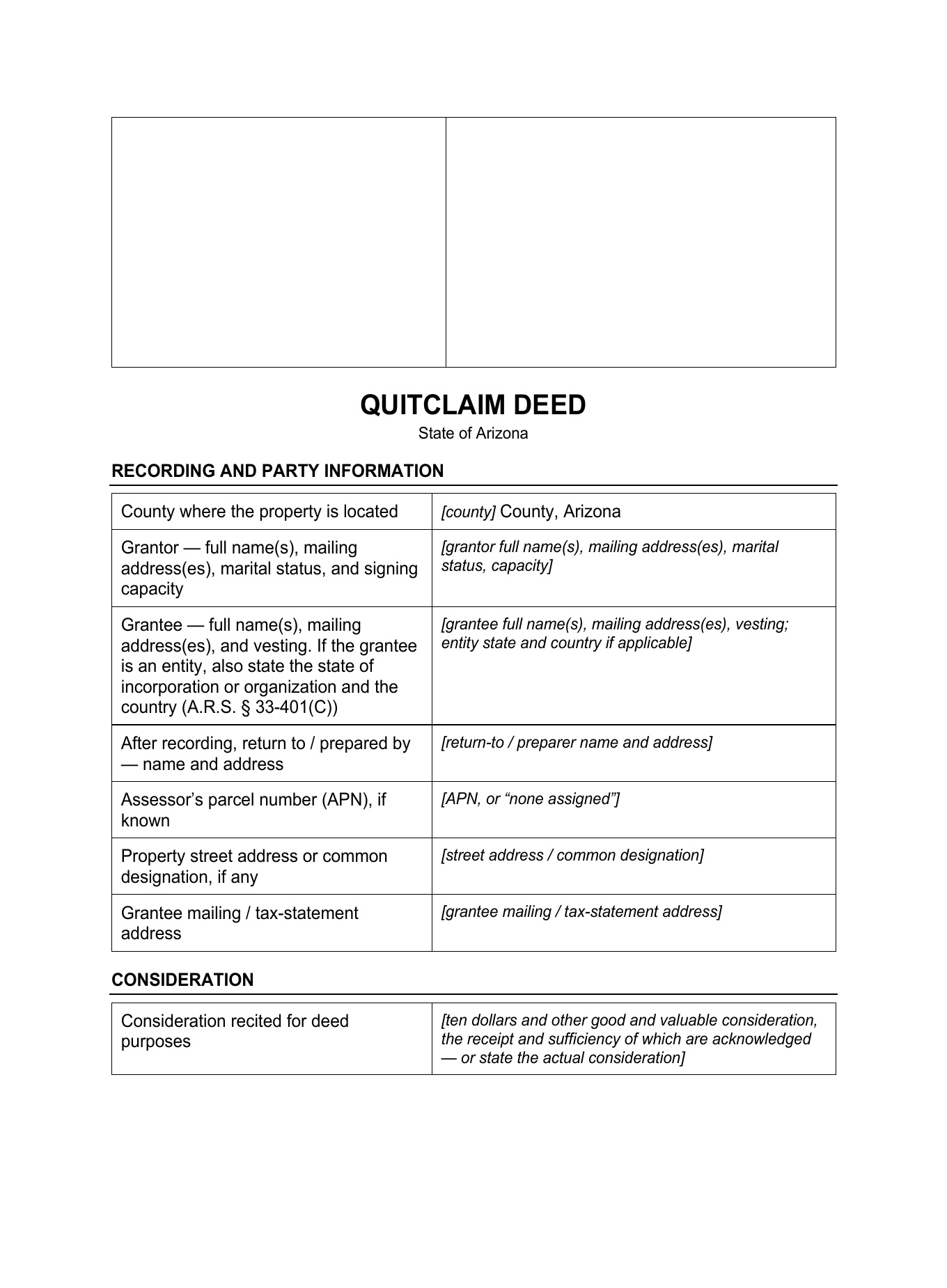 Page 1 of the blank Arizona Quitclaim Deed included in the download