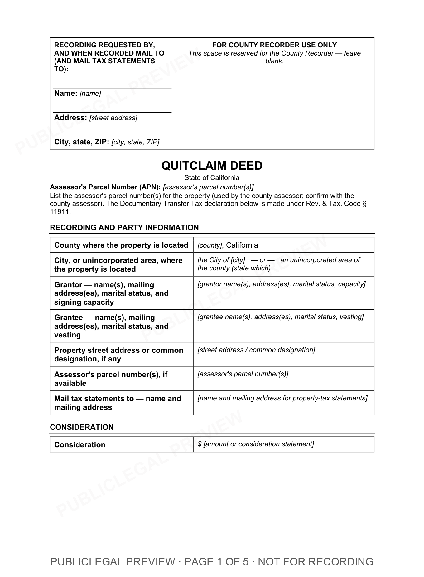 Page 1 of the blank California Quitclaim Deed included in the download
