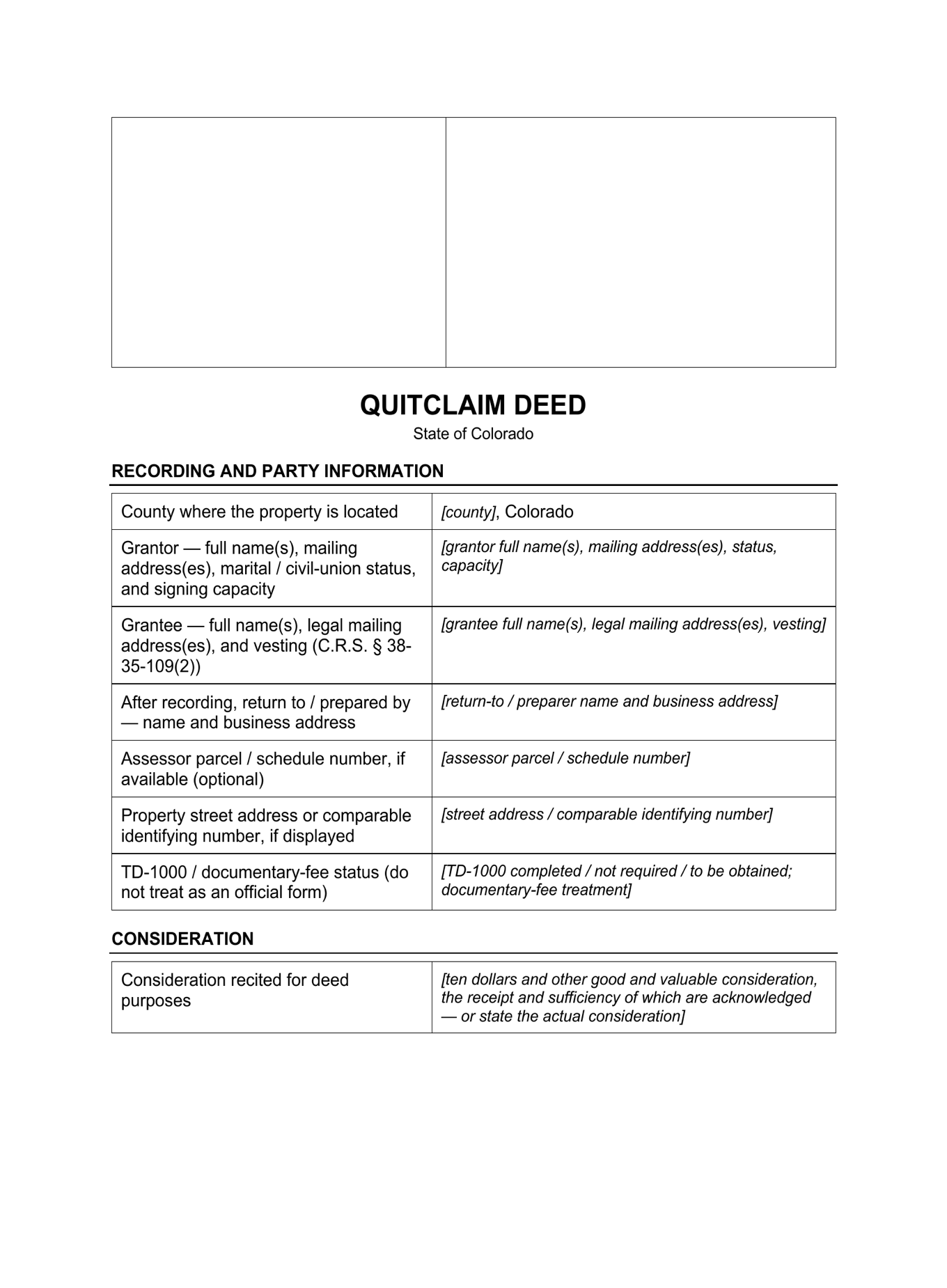 Page 1 of the blank Colorado Quitclaim Deed included in the download