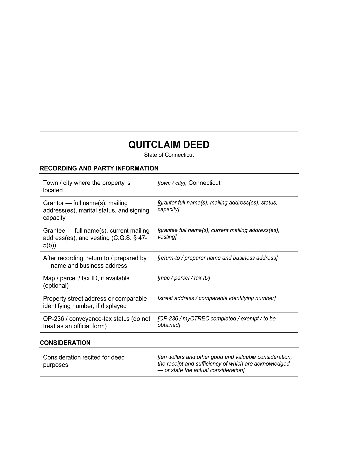Page 1 of the blank Connecticut Quitclaim Deed included in the download