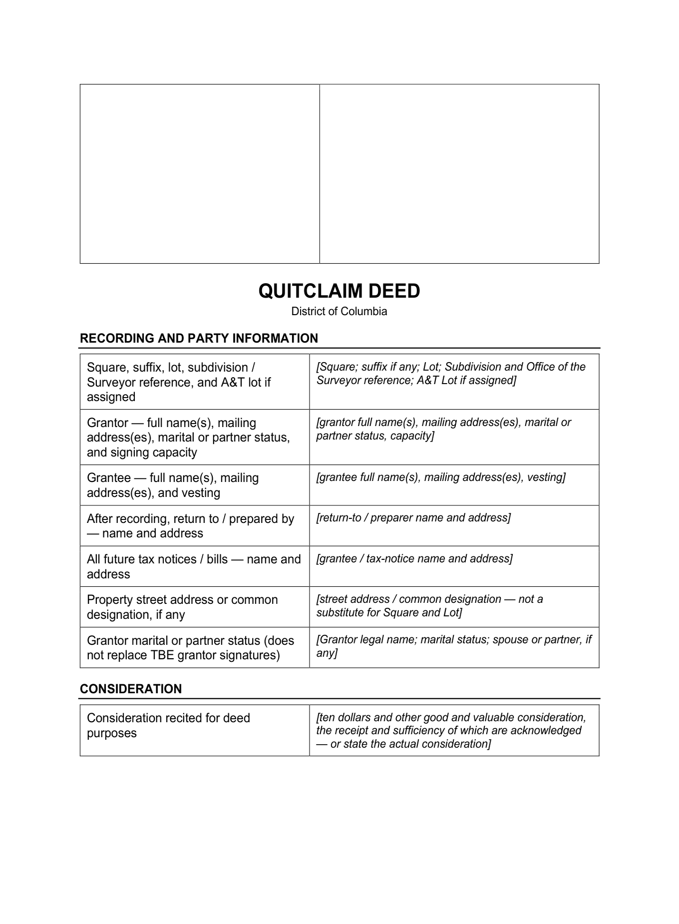 Page 1 of the blank District of Columbia Quitclaim Deed included in the download