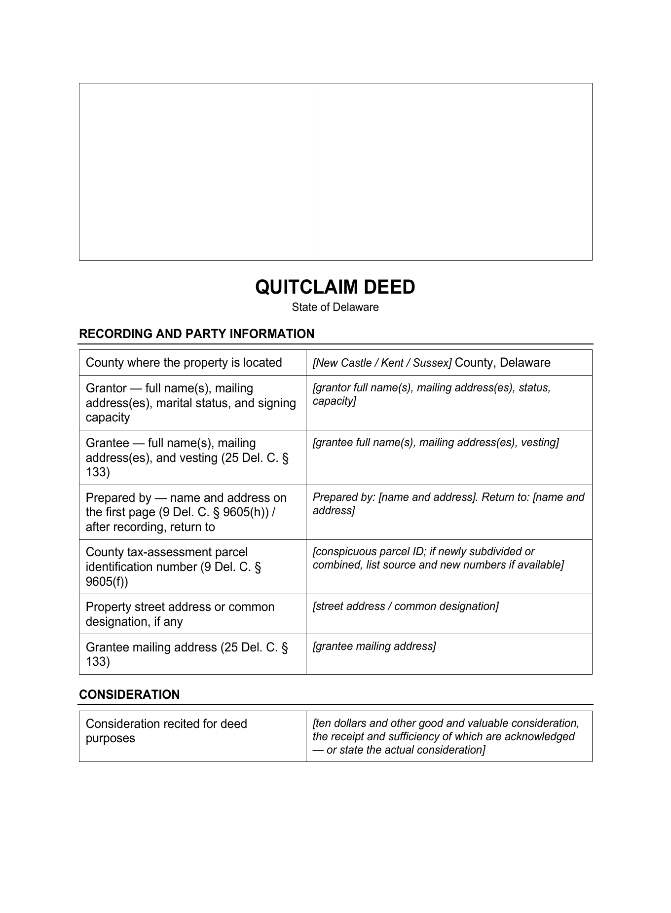 Page 1 of the blank Delaware Quitclaim Deed included in the download