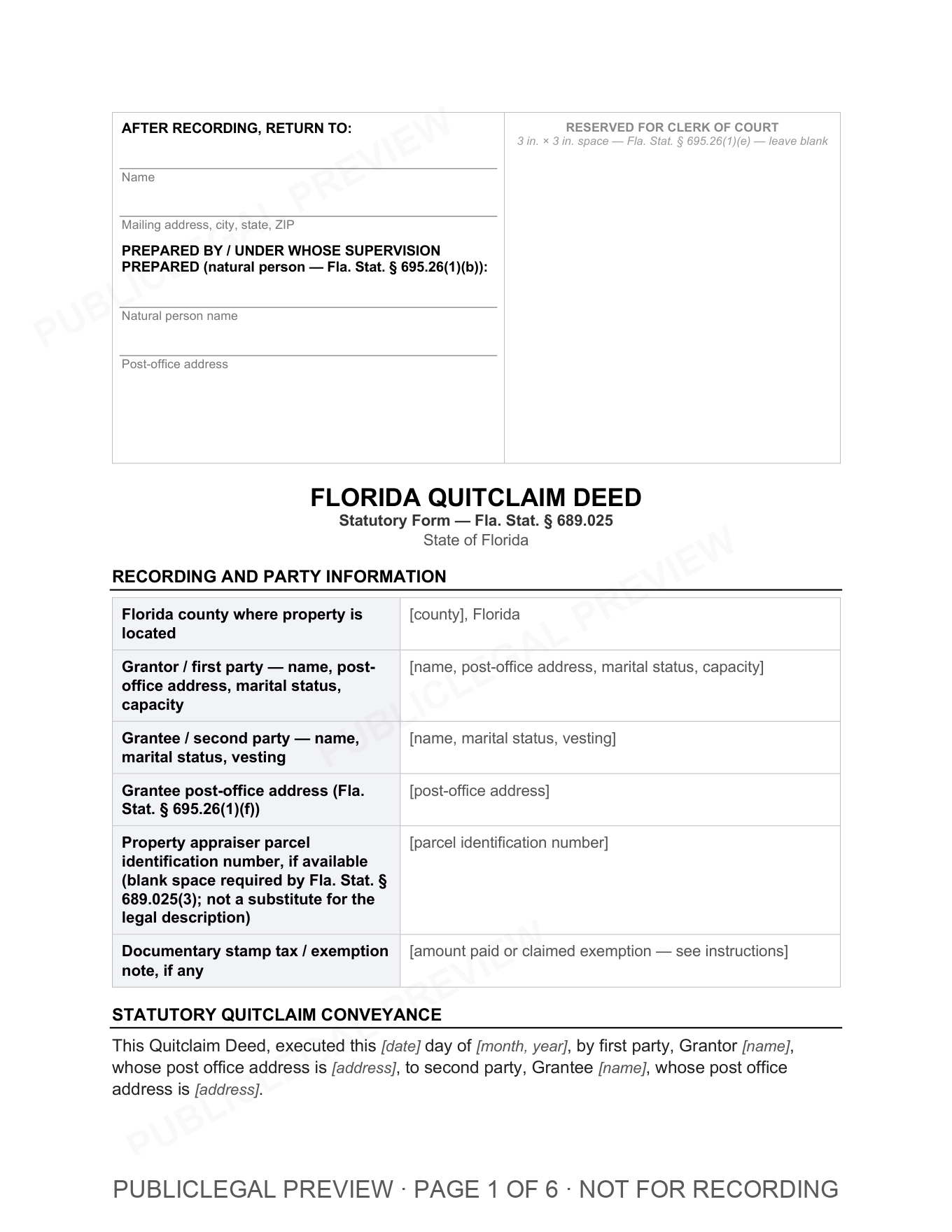 Page 1 of the blank Florida Quitclaim Deed included in the download