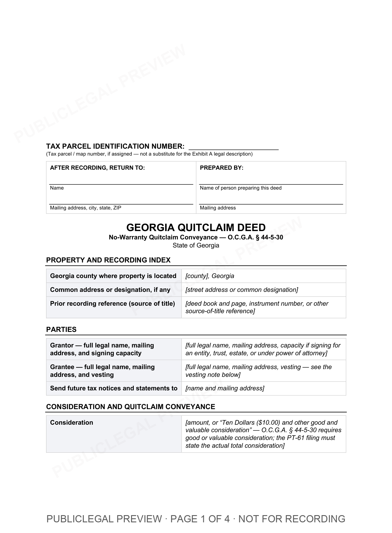 Page 1 of the blank Georgia Quitclaim Deed included in the download