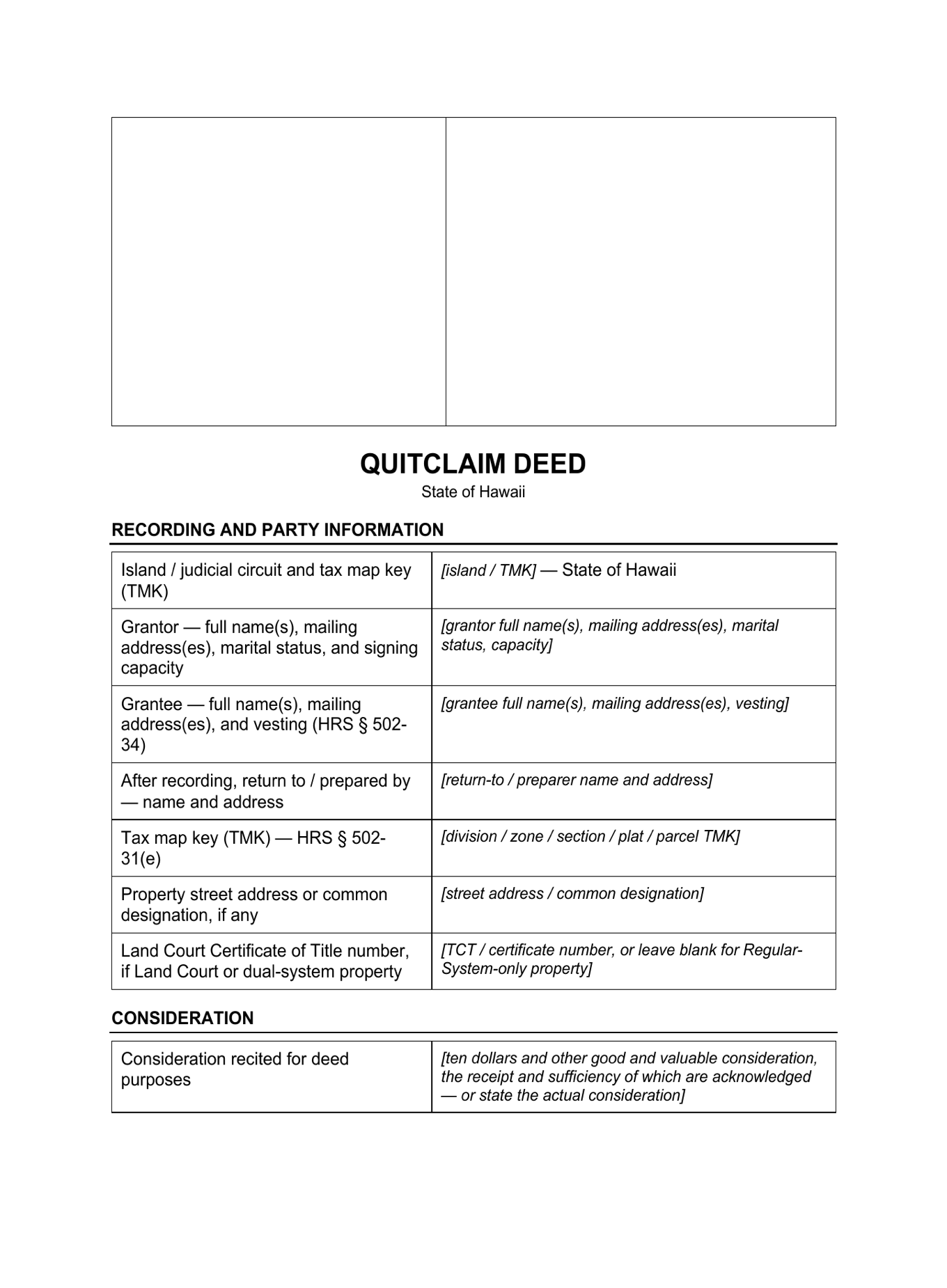 Page 1 of the blank Hawaii Quitclaim Deed included in the download