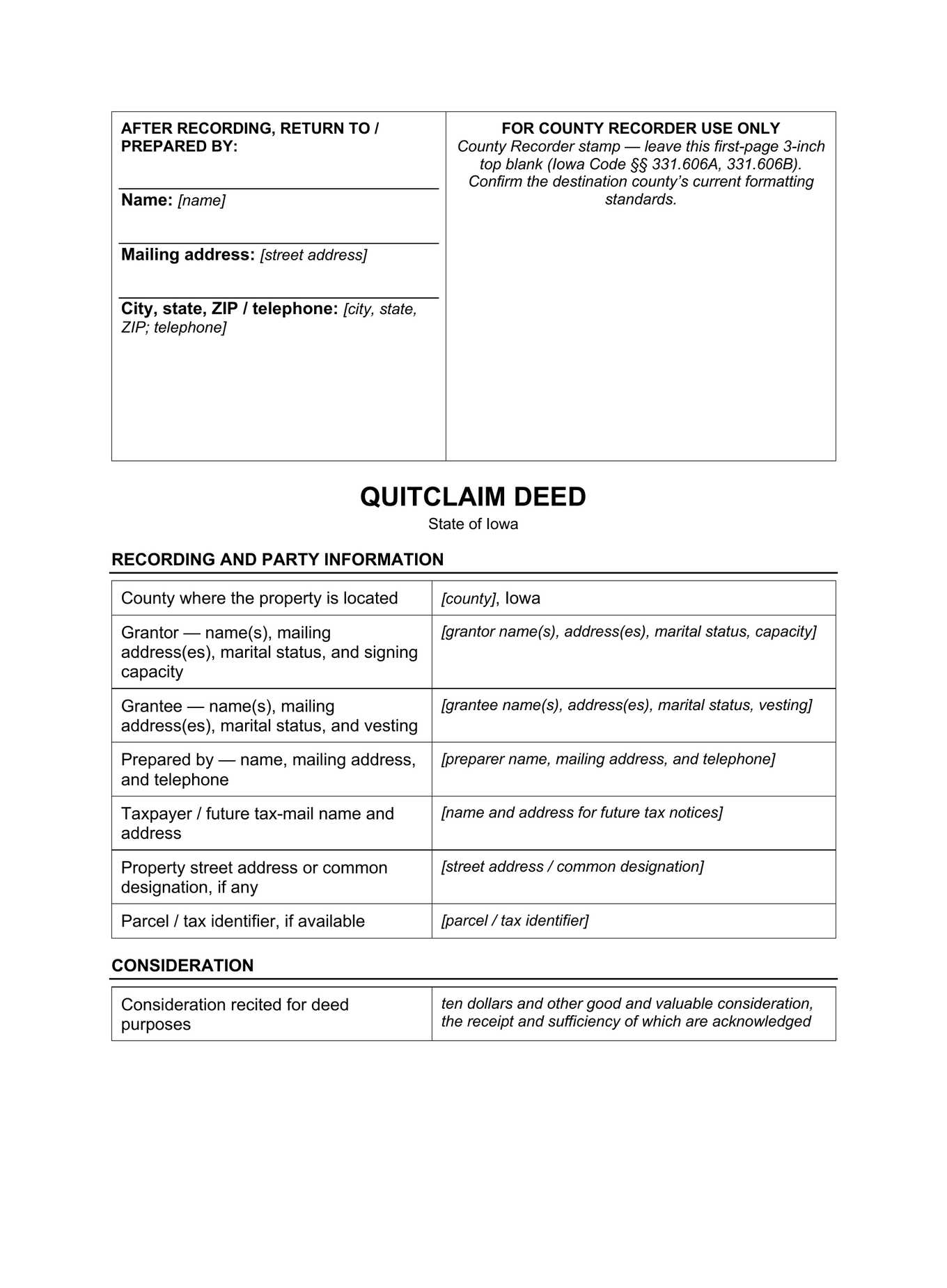 Page 1 of the blank Iowa Quitclaim Deed included in the download