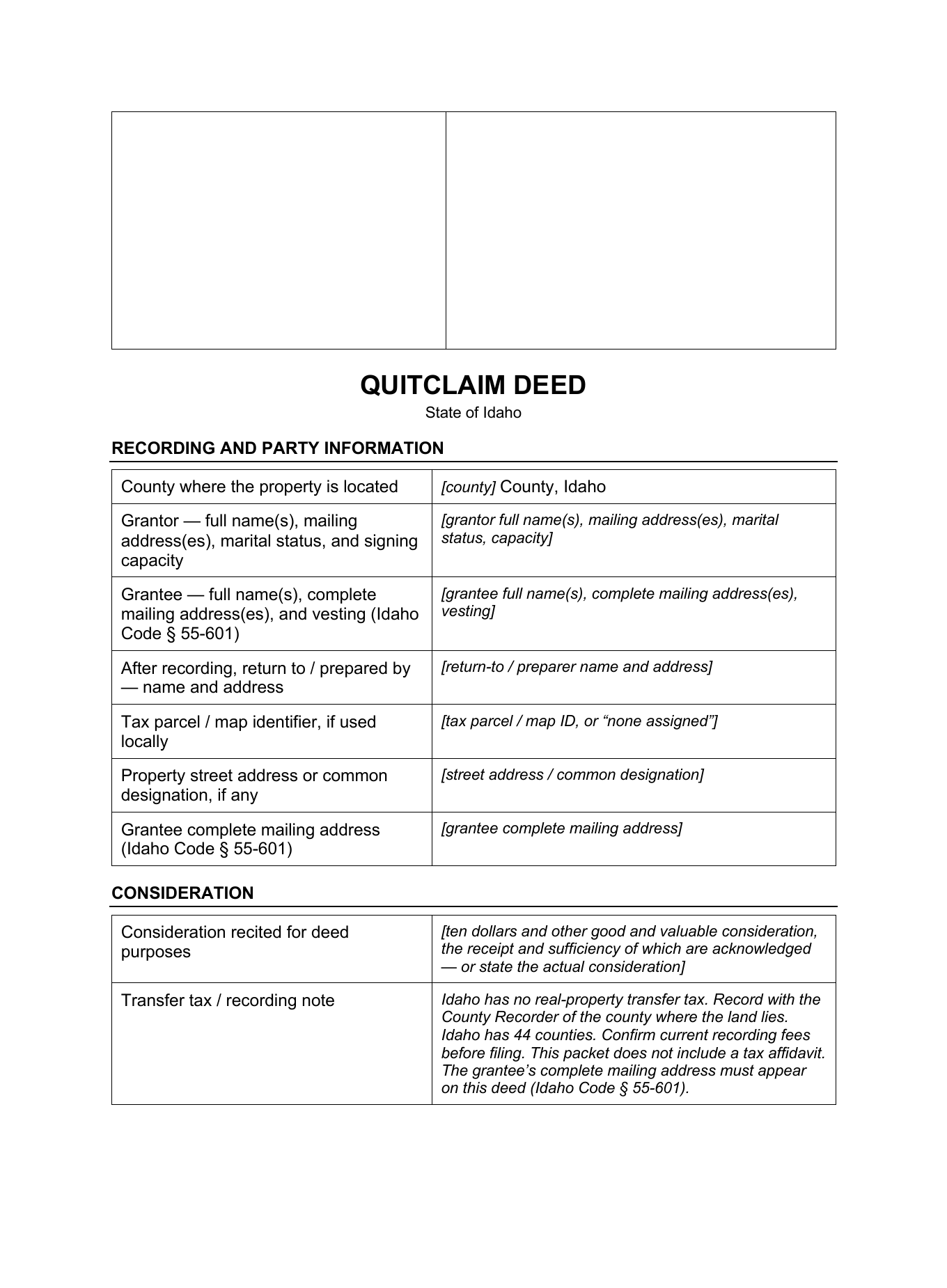 Page 1 of the blank Idaho Quitclaim Deed included in the download